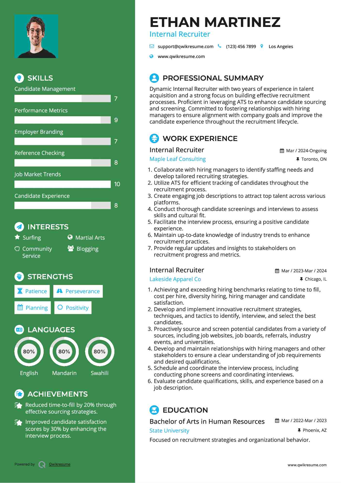 Internal Recruiter Resume Example