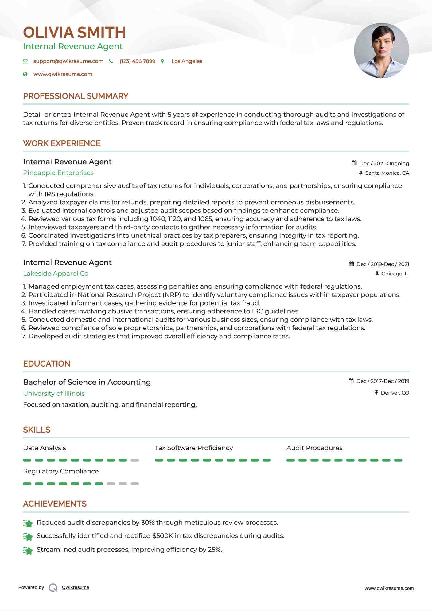 Internal Revenue Agent Resume Sample