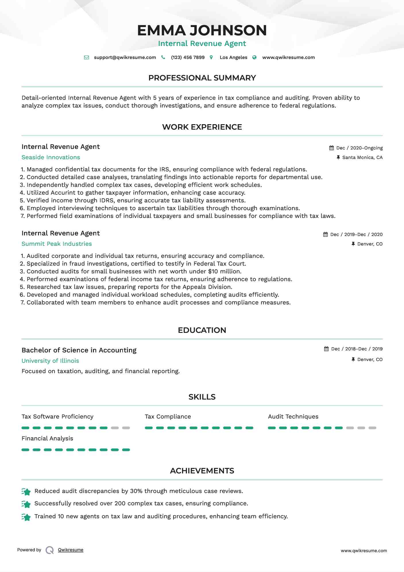Internal Revenue Agent Resume Template