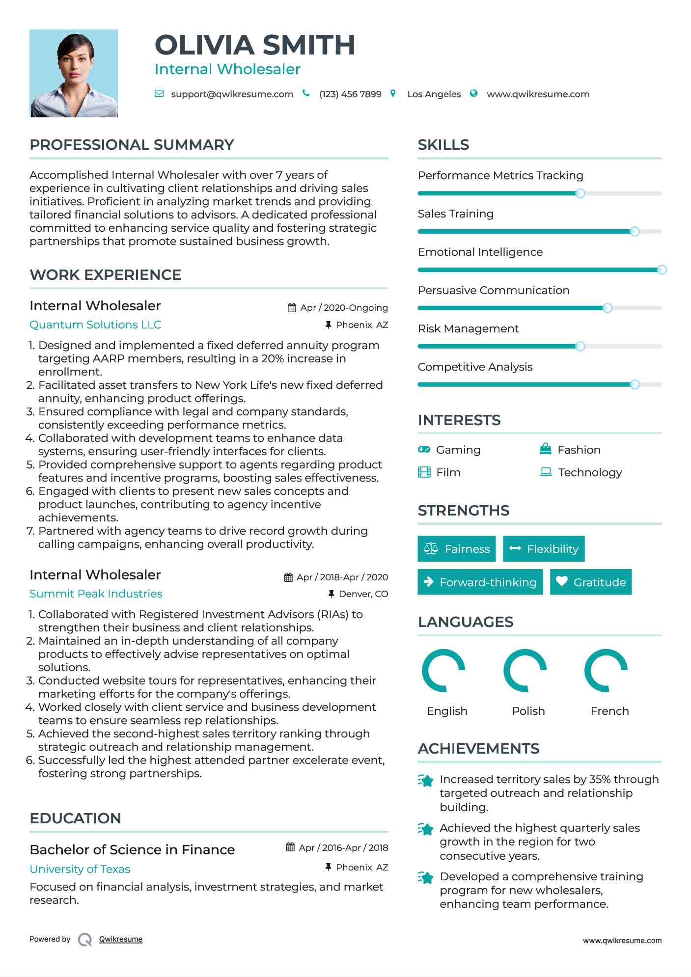 Internal Wholesaler Resume Format