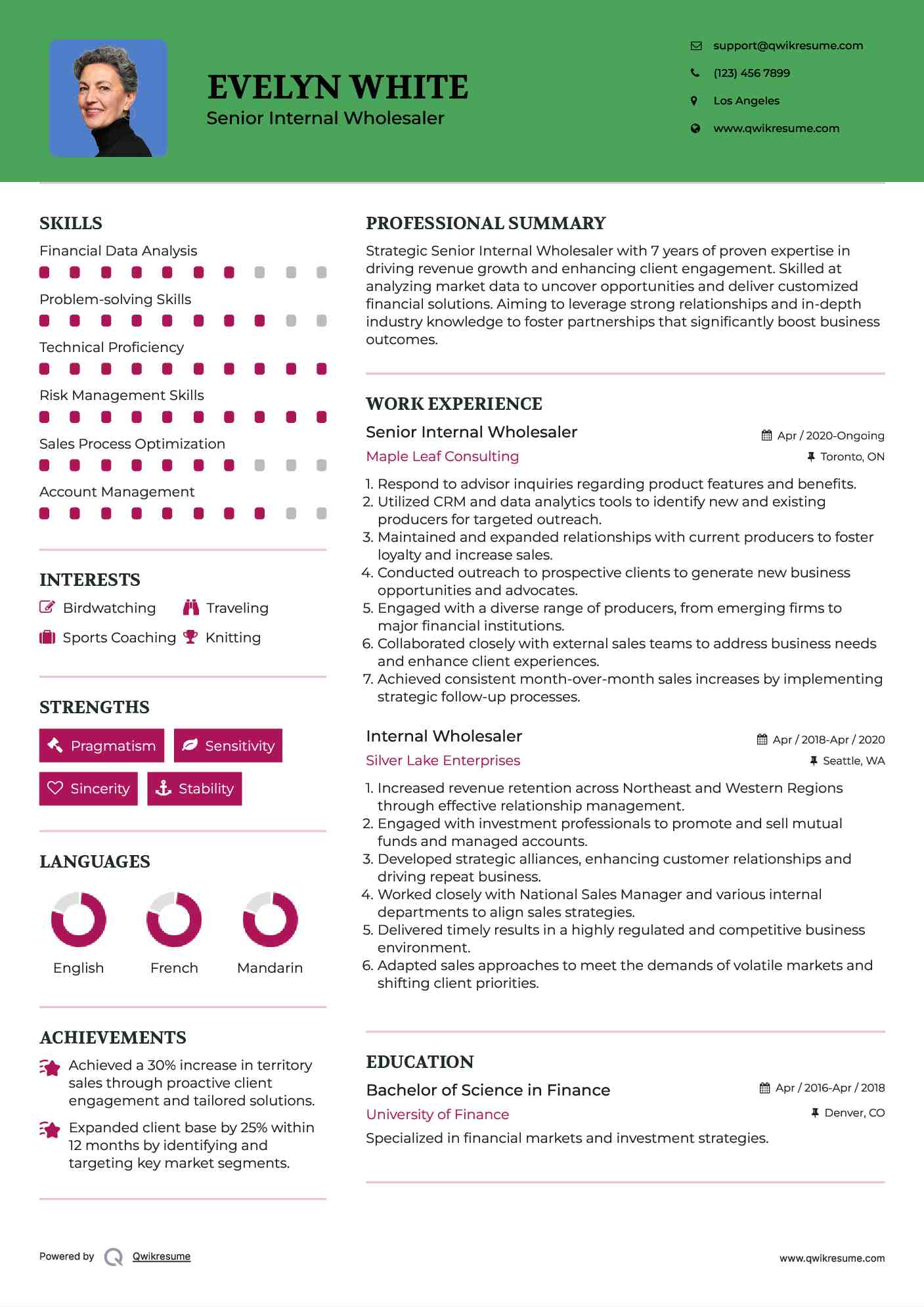 Senior Internal Wholesaler Resume Sample