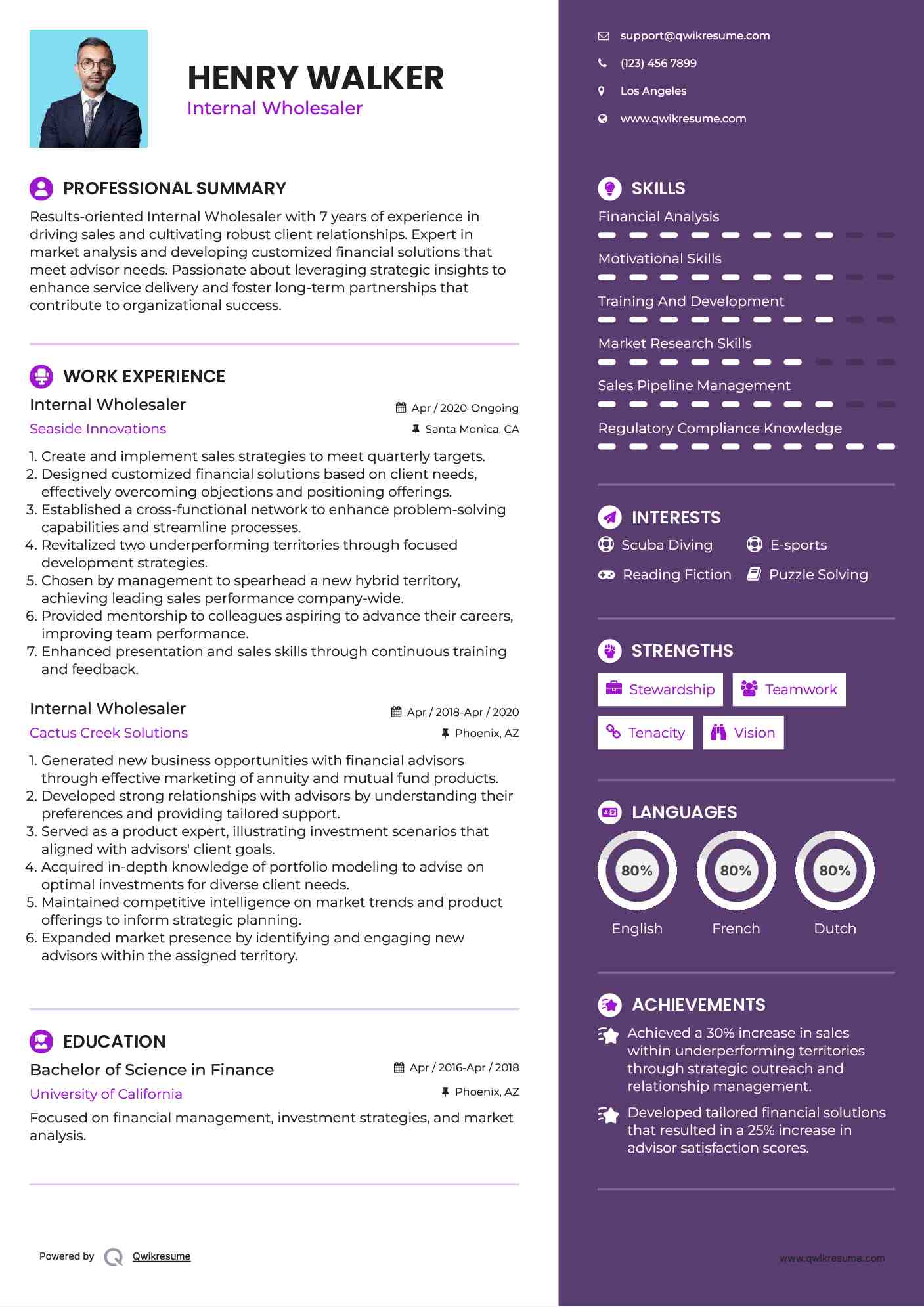 Internal Wholesaler Resume Sample