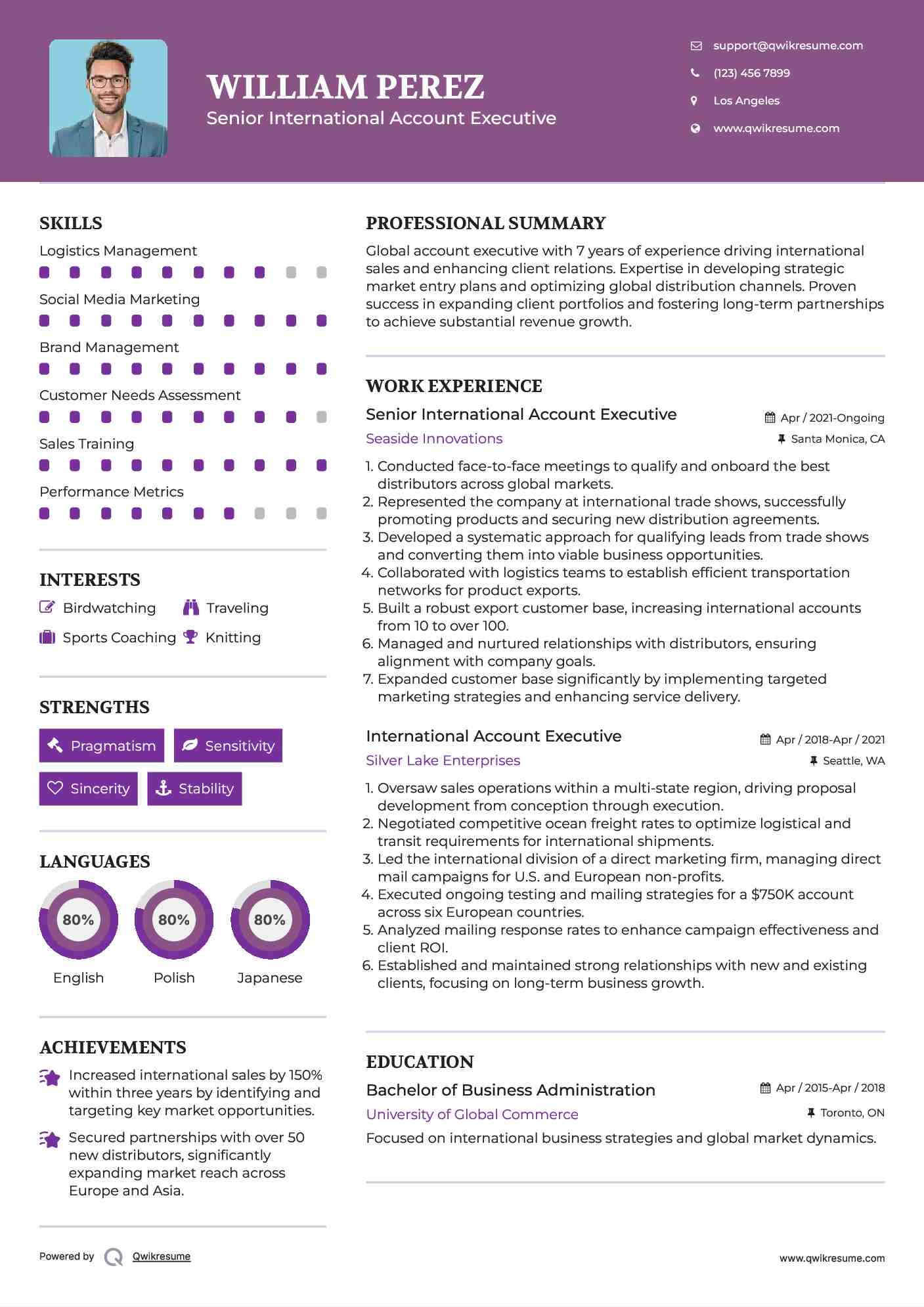 Senior International Account Executive Resume Example