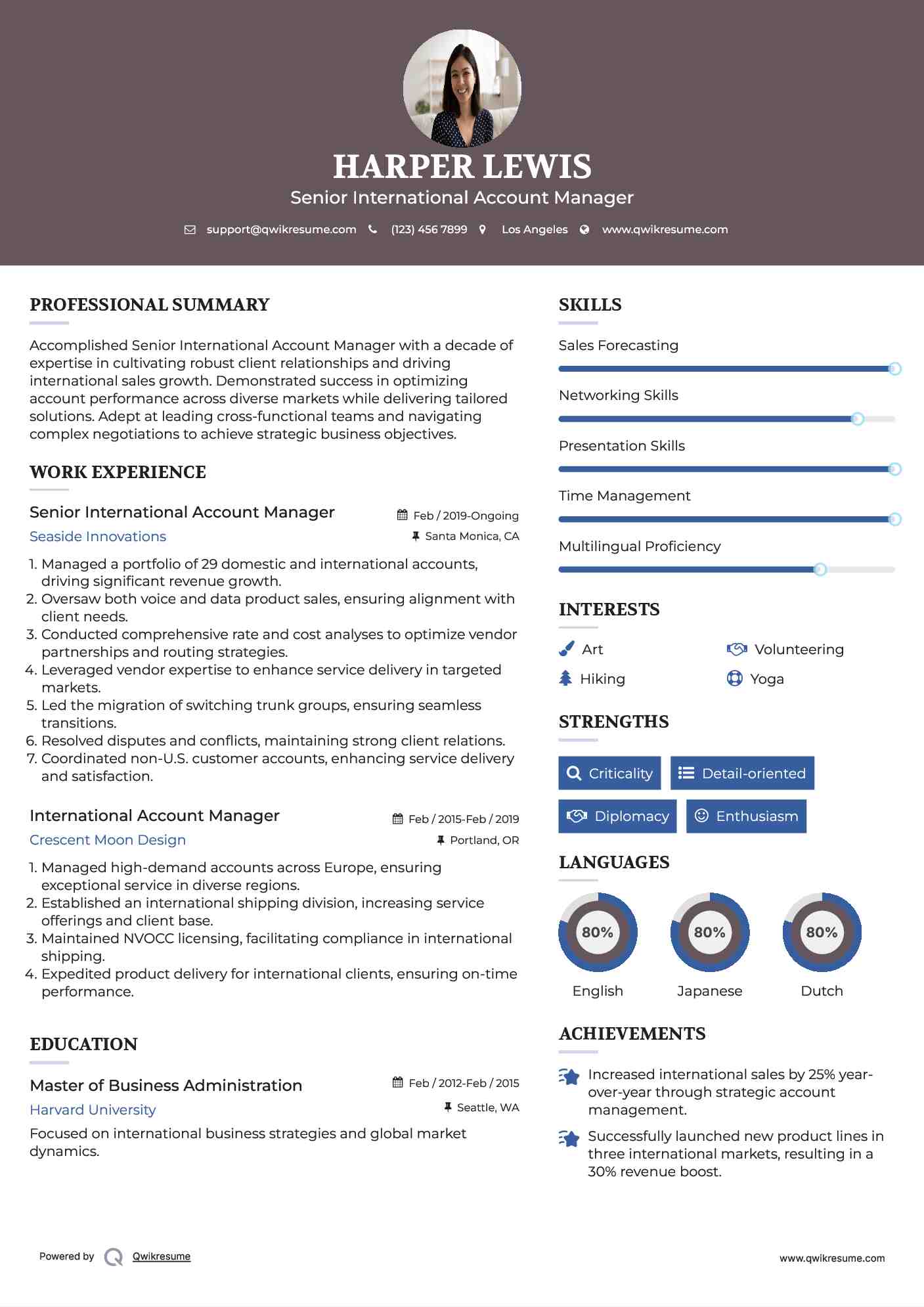 Senior International Account Manager Resume Sample