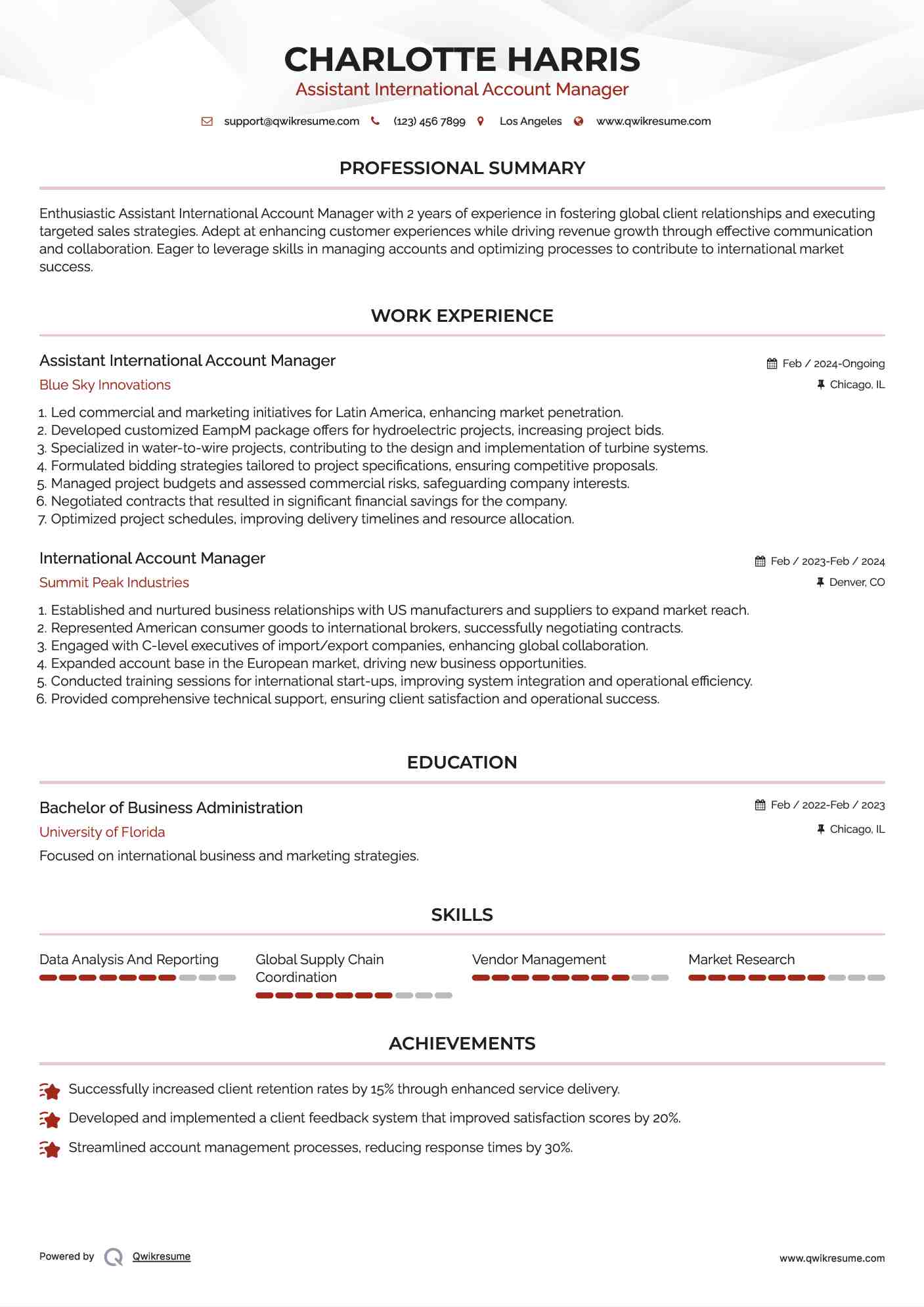Assistant International Account Manager
 Resume Model