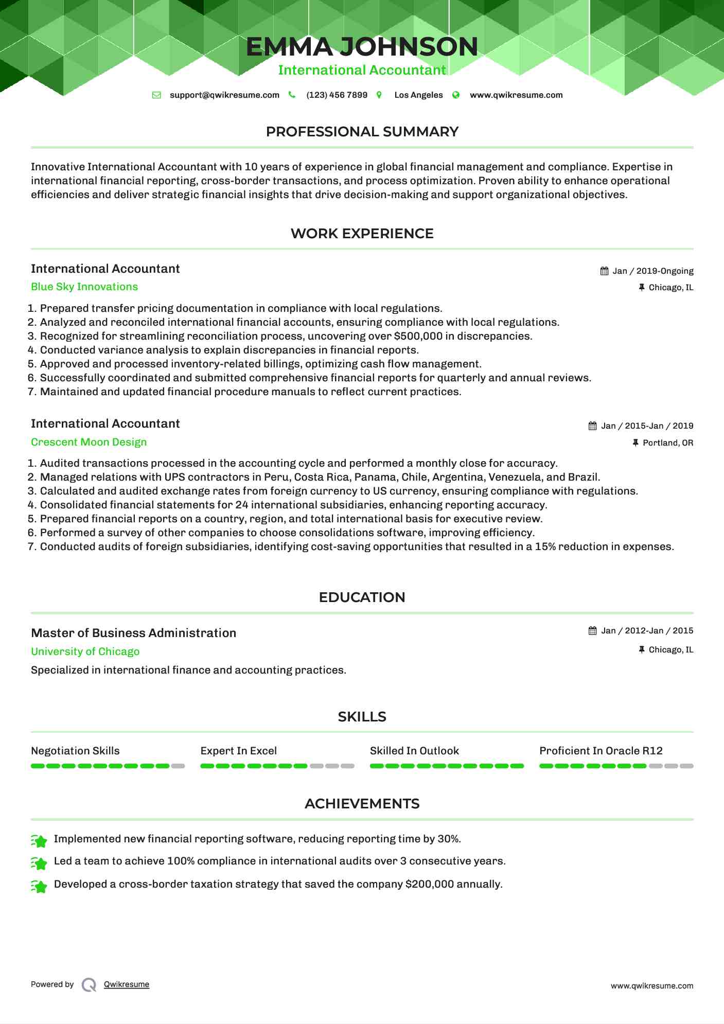 International Accountant Resume Sample
