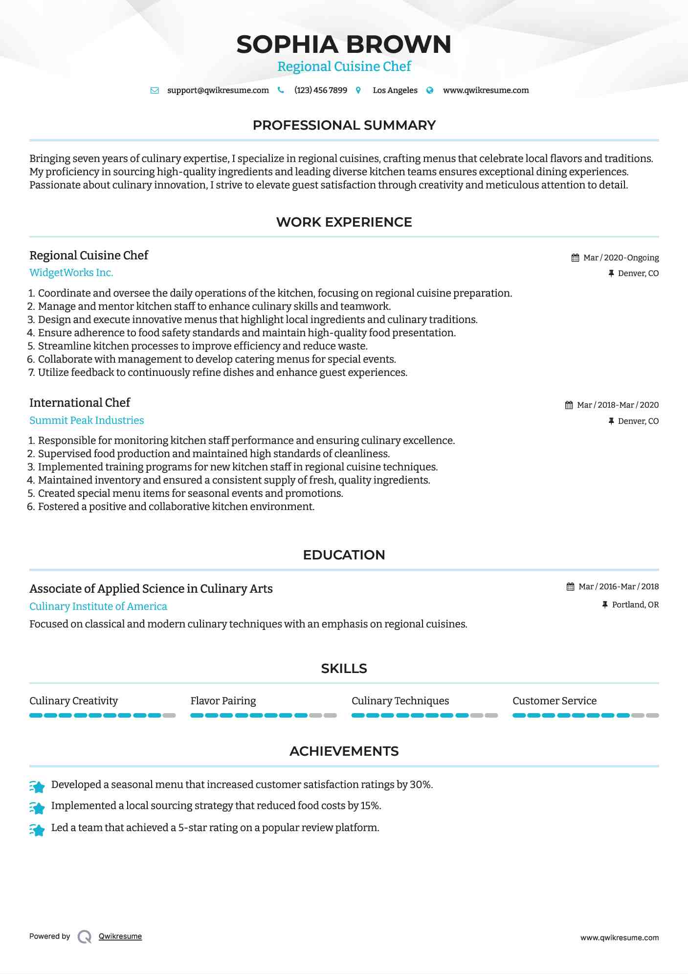 Regional Cuisine Chef Resume Example