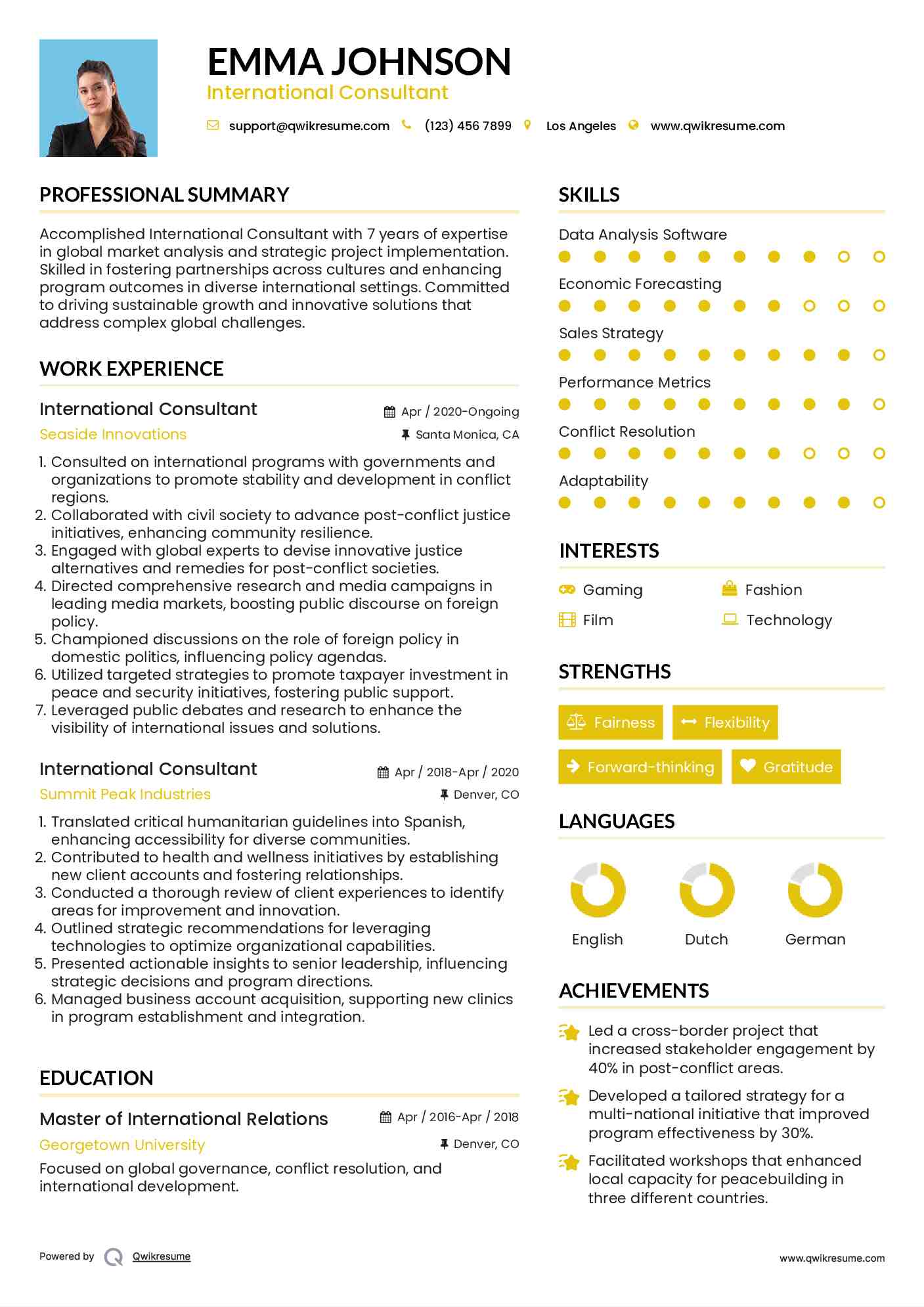 International Consultant Resume Example