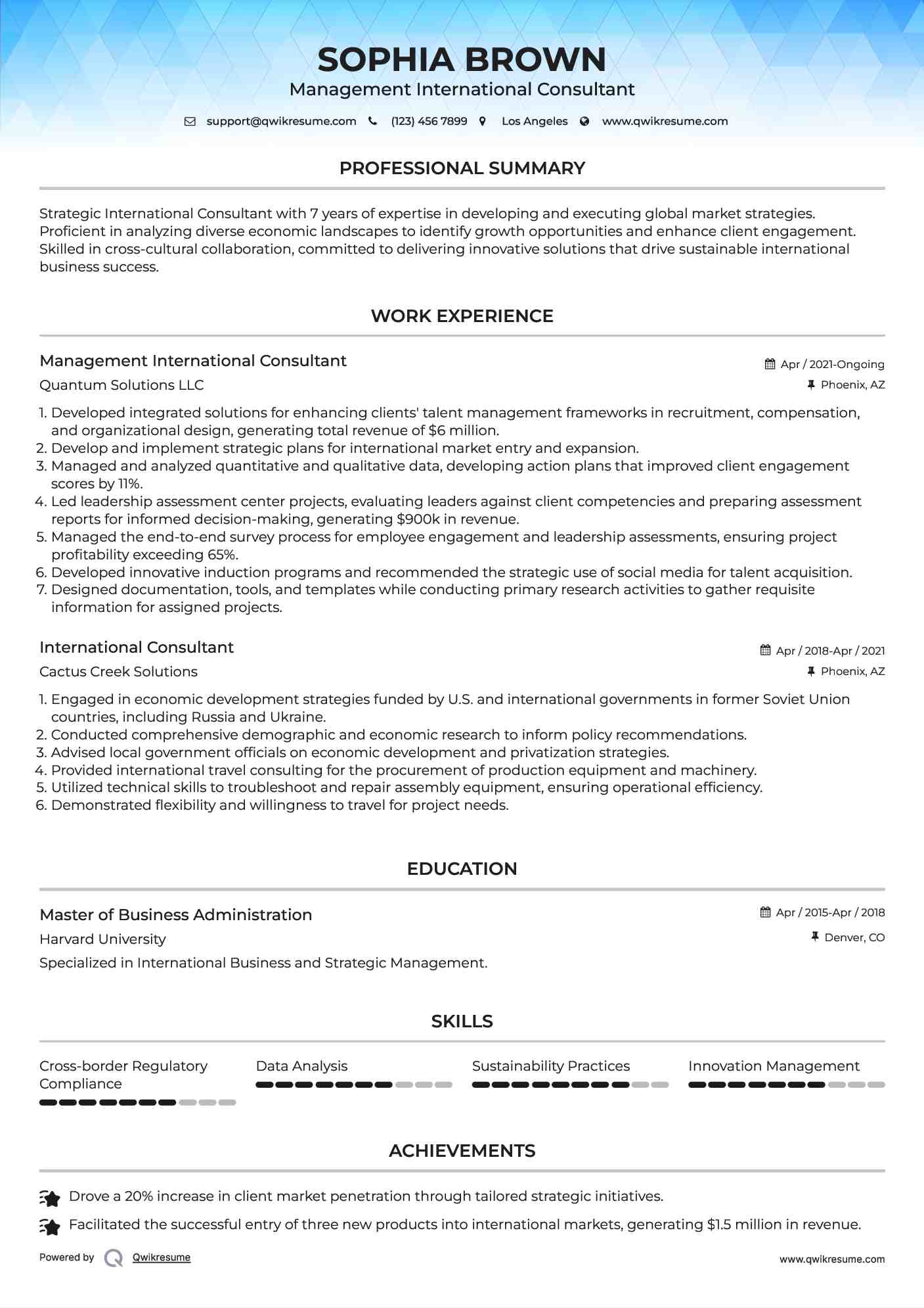 Management International Consultant Resume Sample