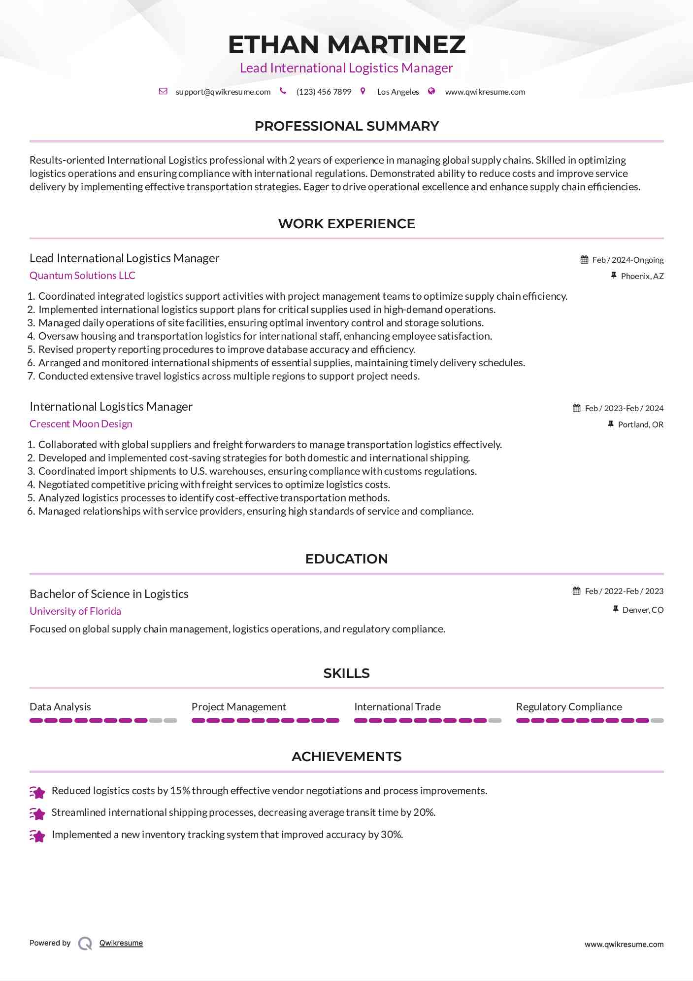 Lead International Logistics Manager Resume Format