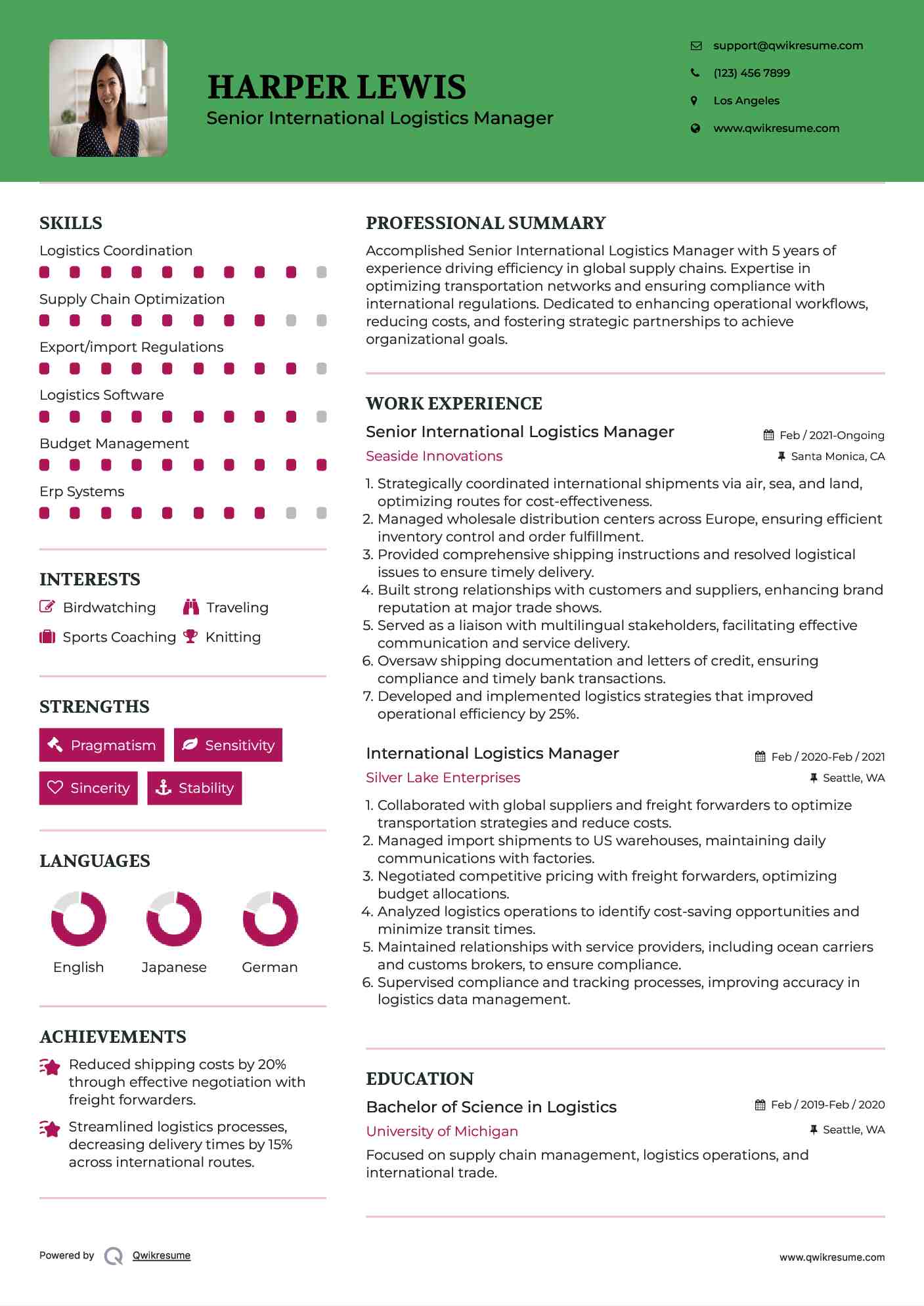 Senior International Logistics Manager Resume Model