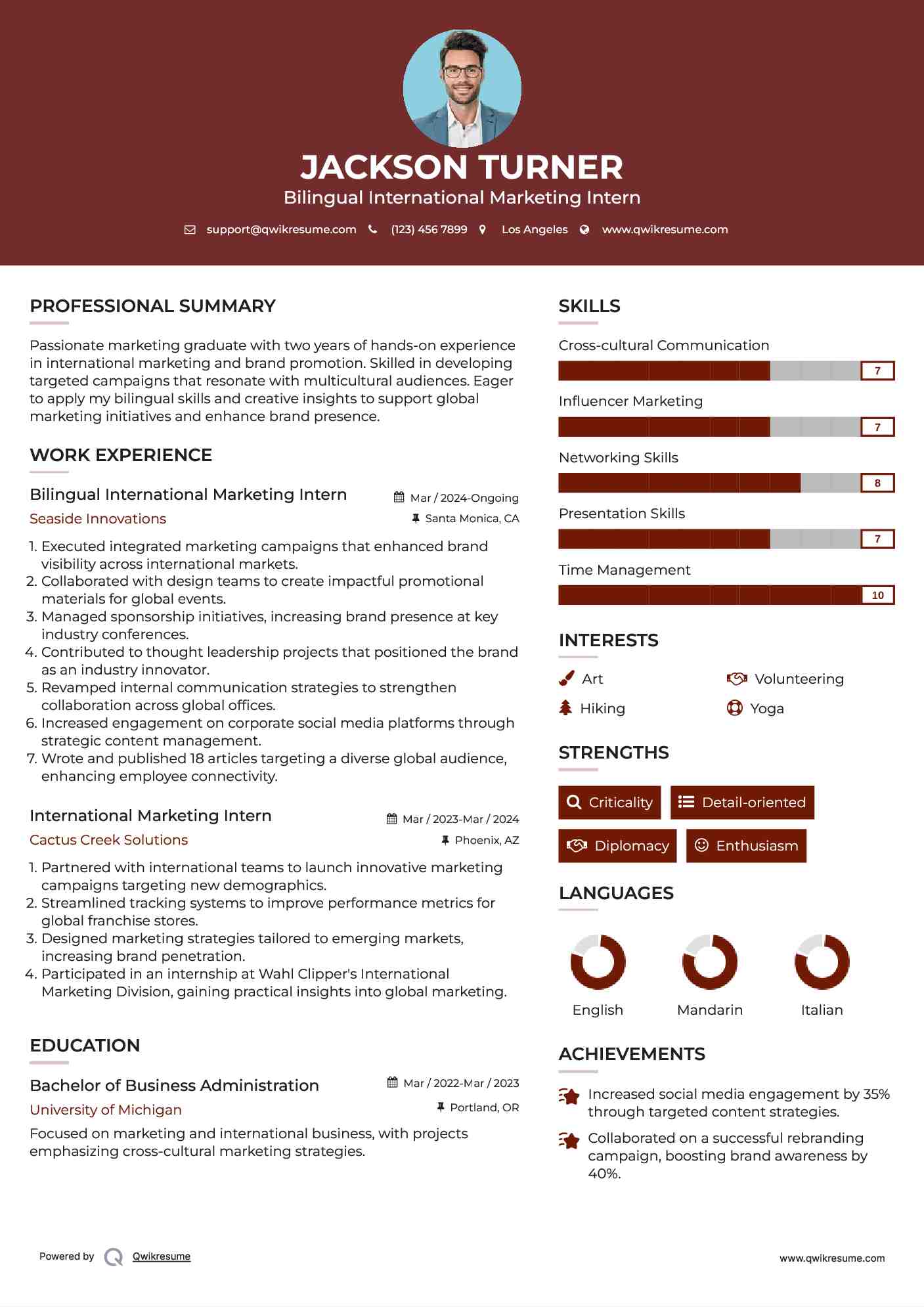 Bilingual International Marketing Intern Resume Model