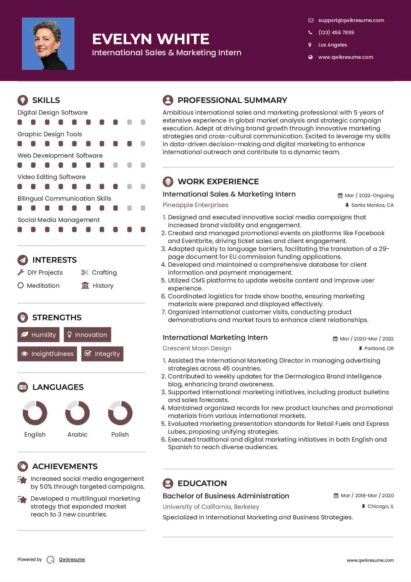 International Sales & Marketing Intern Resume Sample