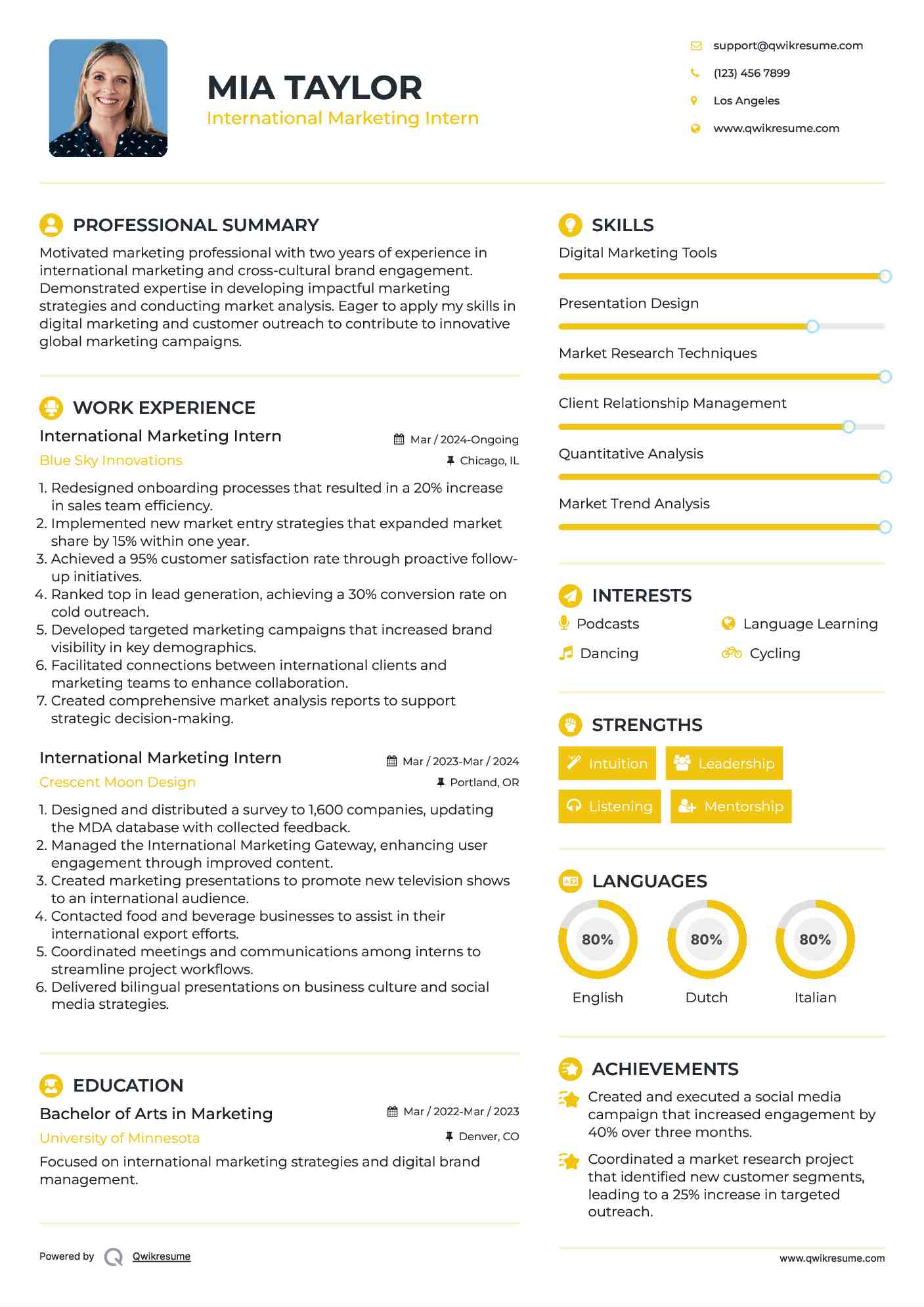 International Marketing Intern Resume Sample