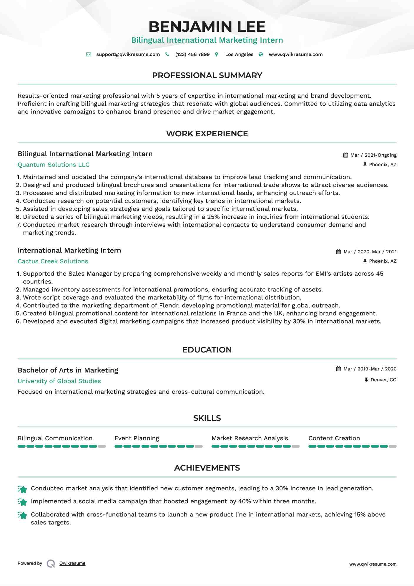 Bilingual International Marketing Intern Resume Model