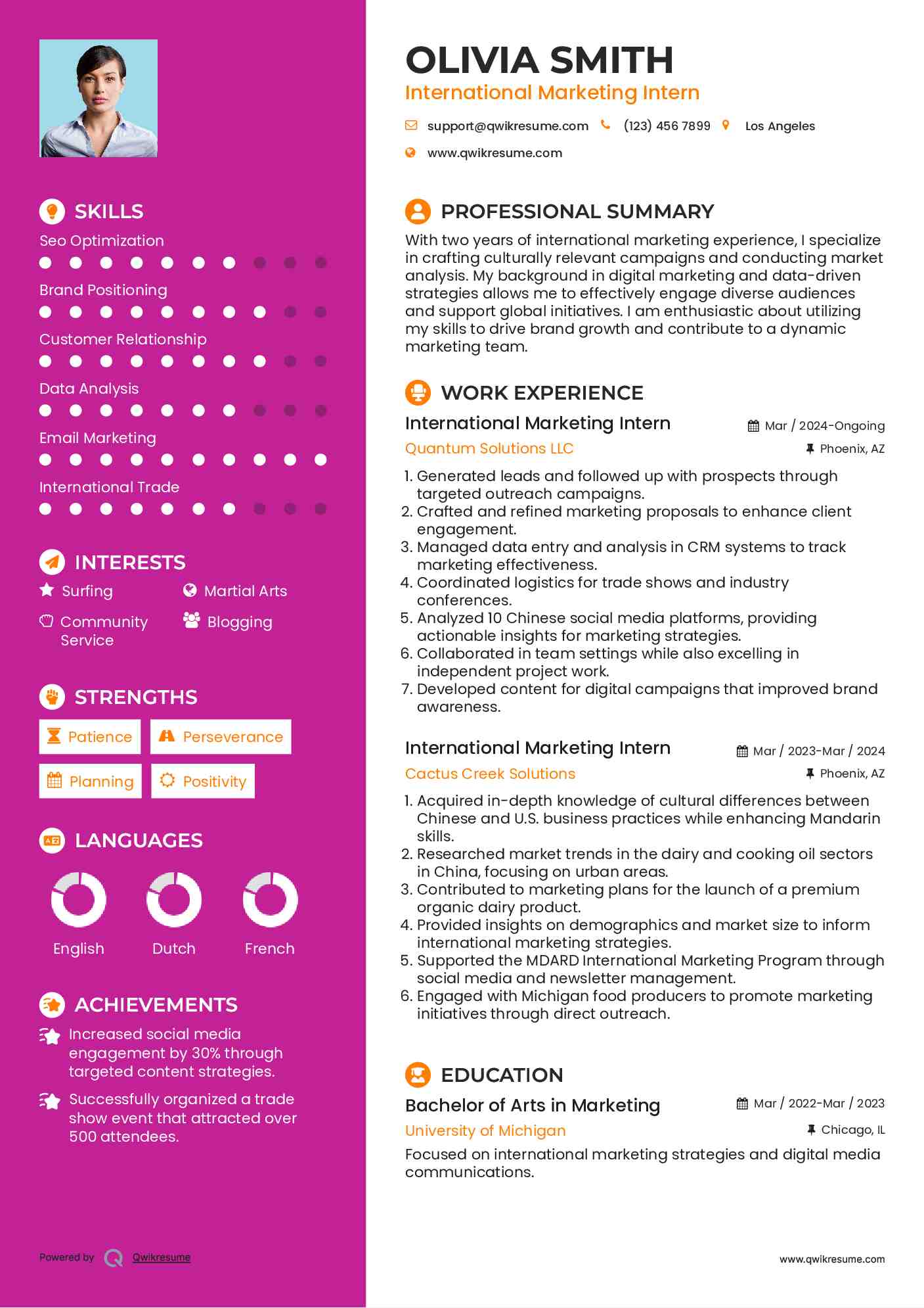 International Marketing Intern Resume Sample