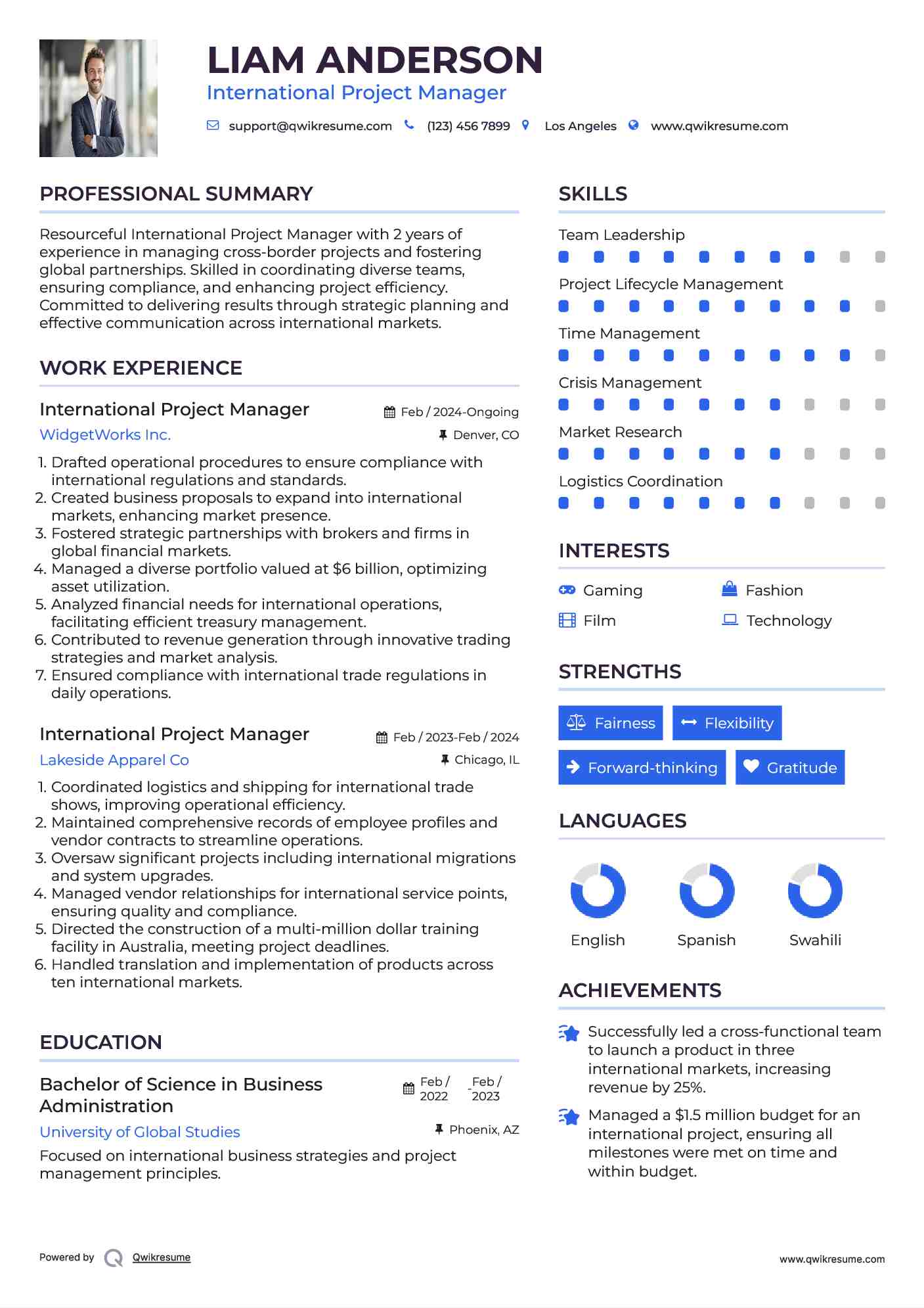 International Project Manager Resume Example