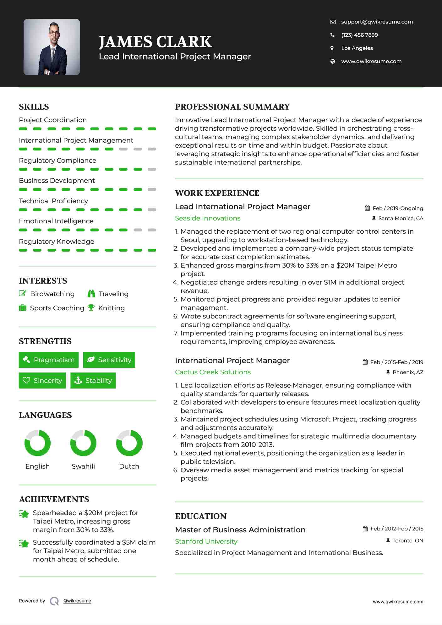 Lead International Project Manager Resume Template