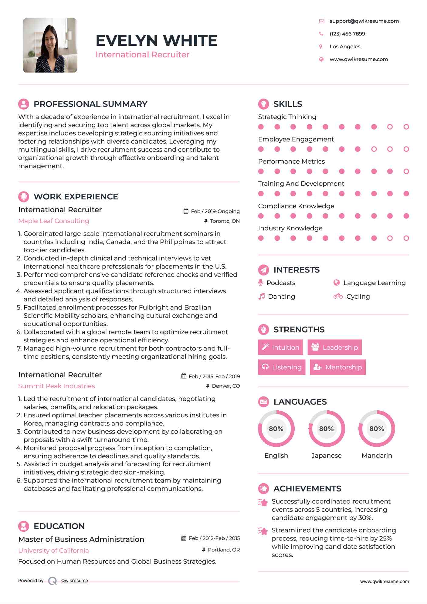 International Recruiter Resume Example