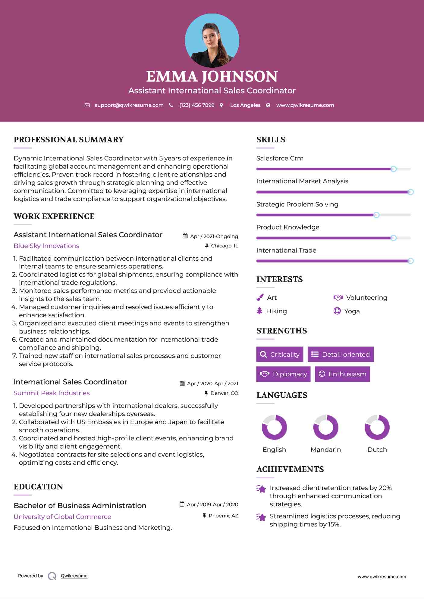 Assistant International Sales Coordinator Resume Model