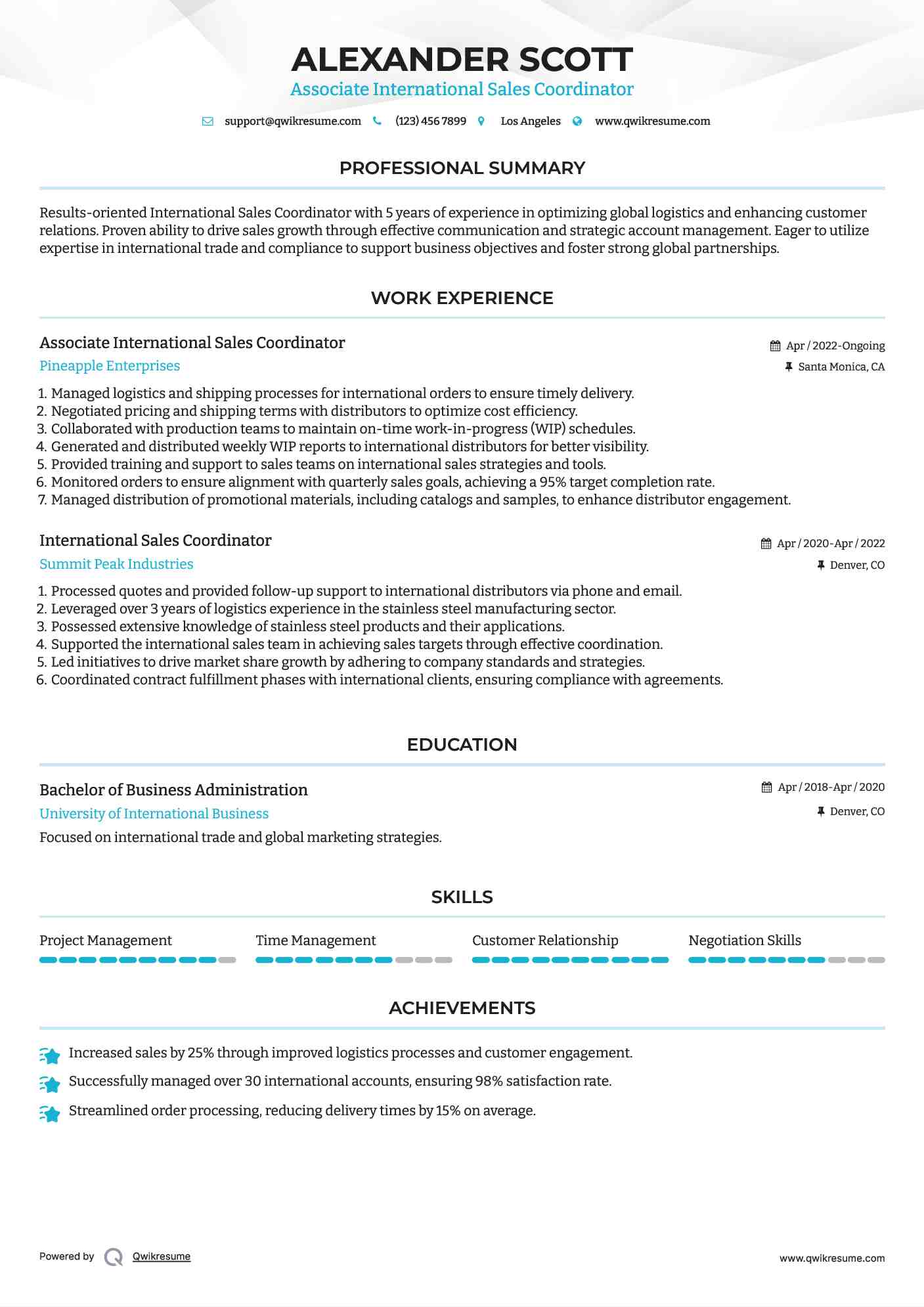 Associate International Sales Coordinator Resume Example