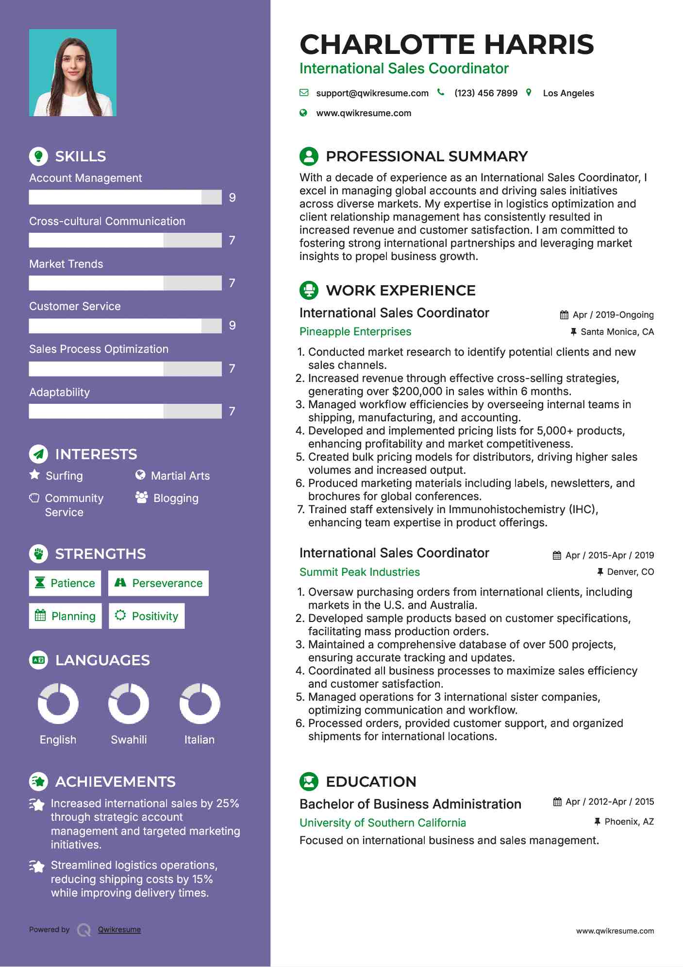 International Sales Coordinator Resume Example