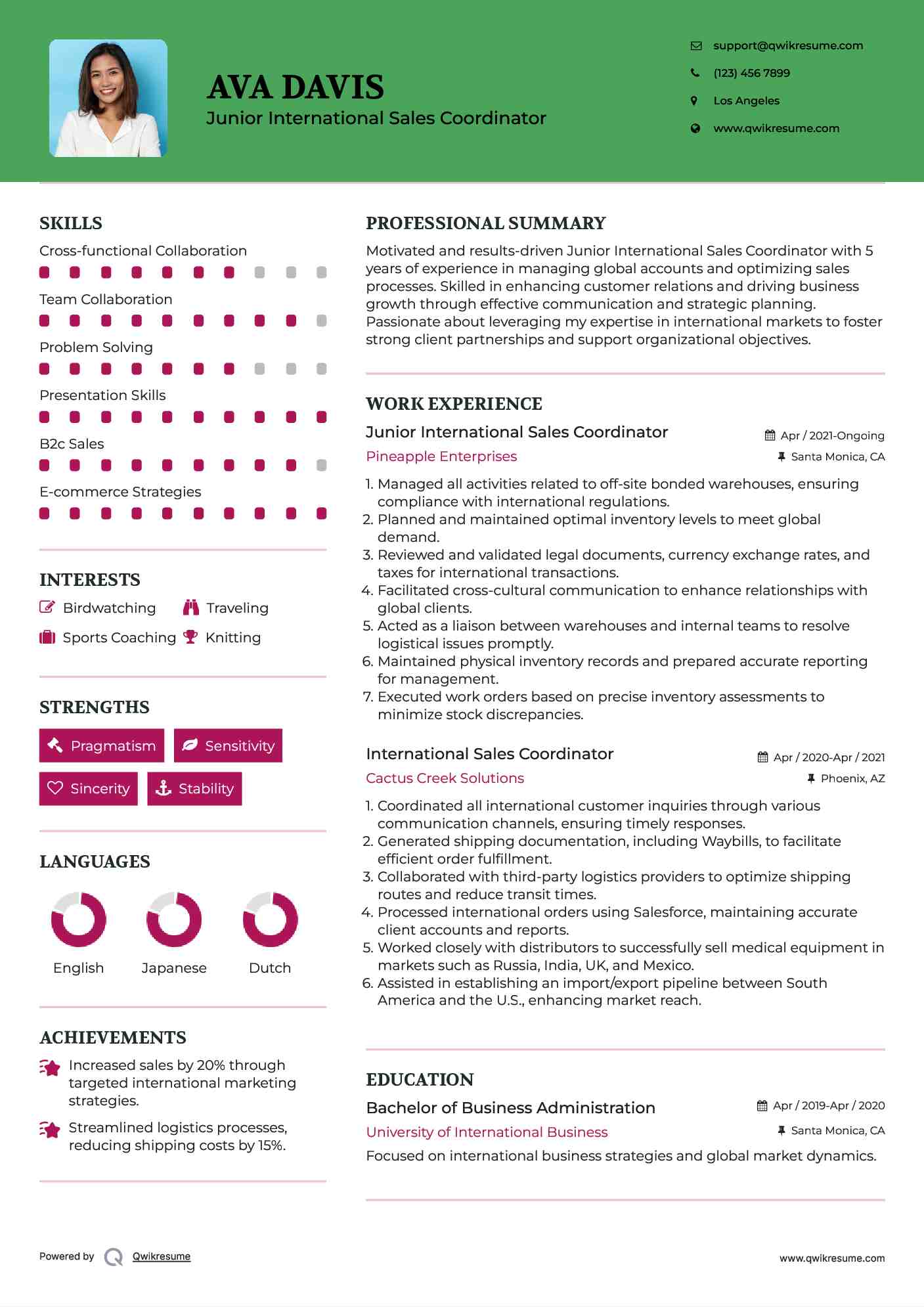 Junior International Sales Coordinator Resume Model