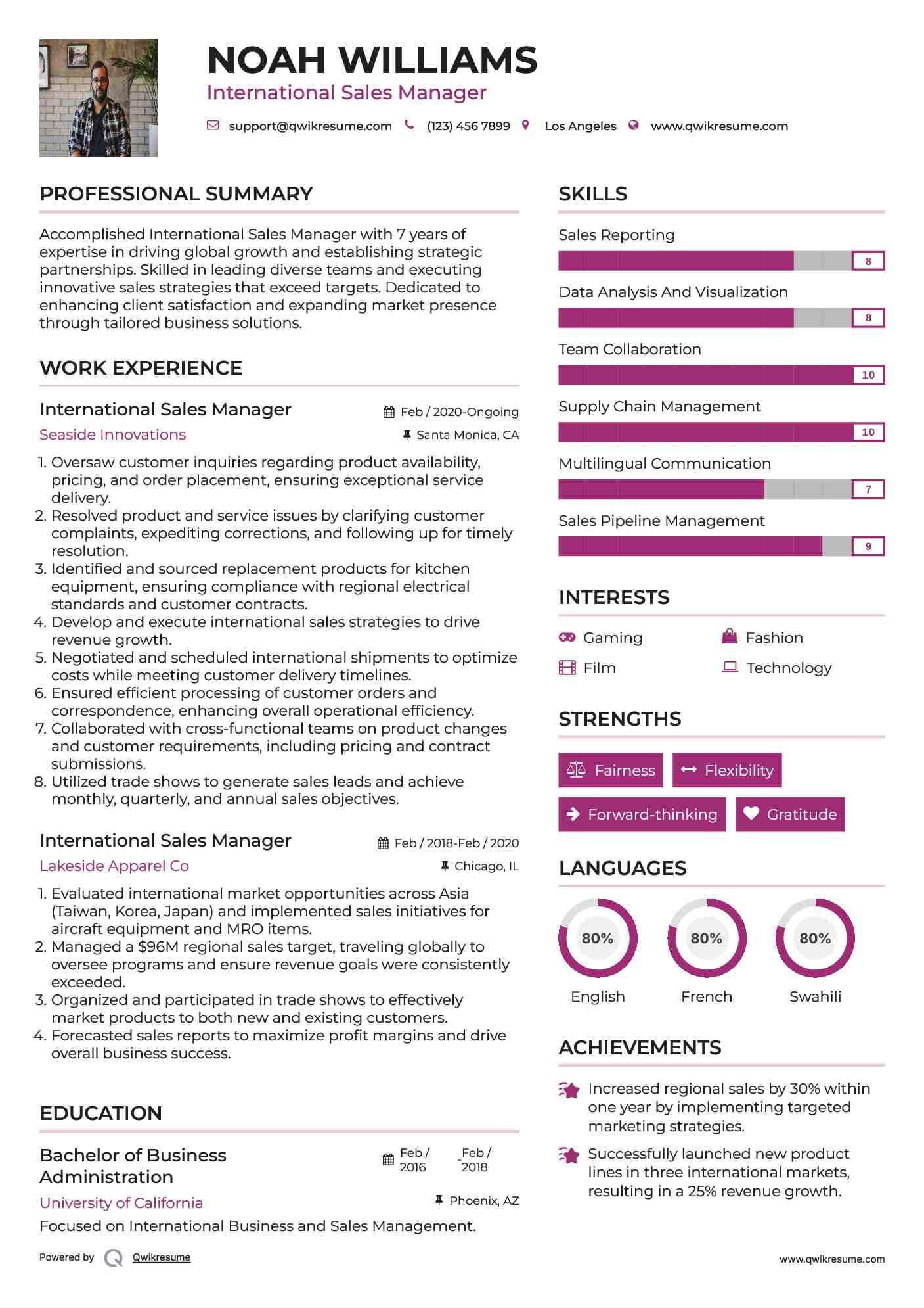 International Sales Manager Resume Example