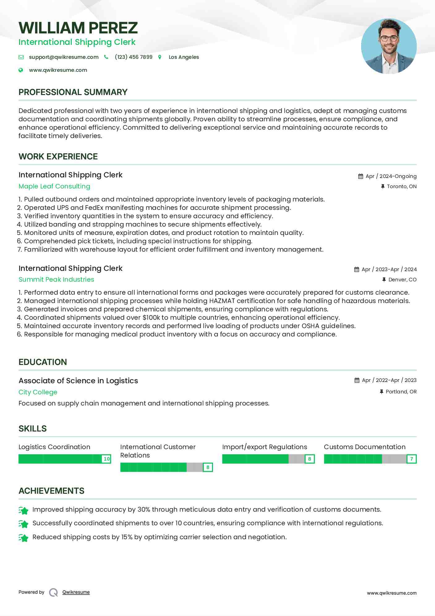 International Shipping Clerk Resume Model
