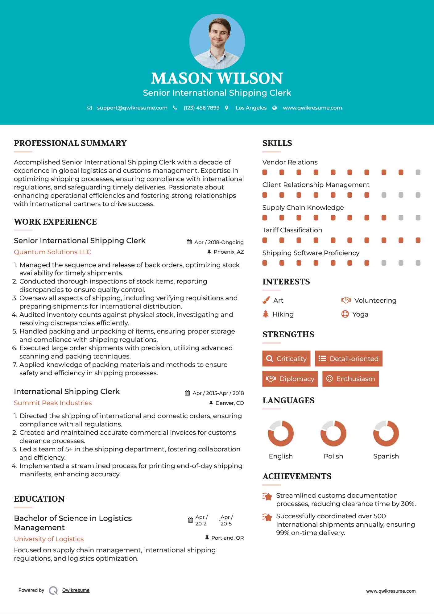 Senior International Shipping Clerk Resume Template