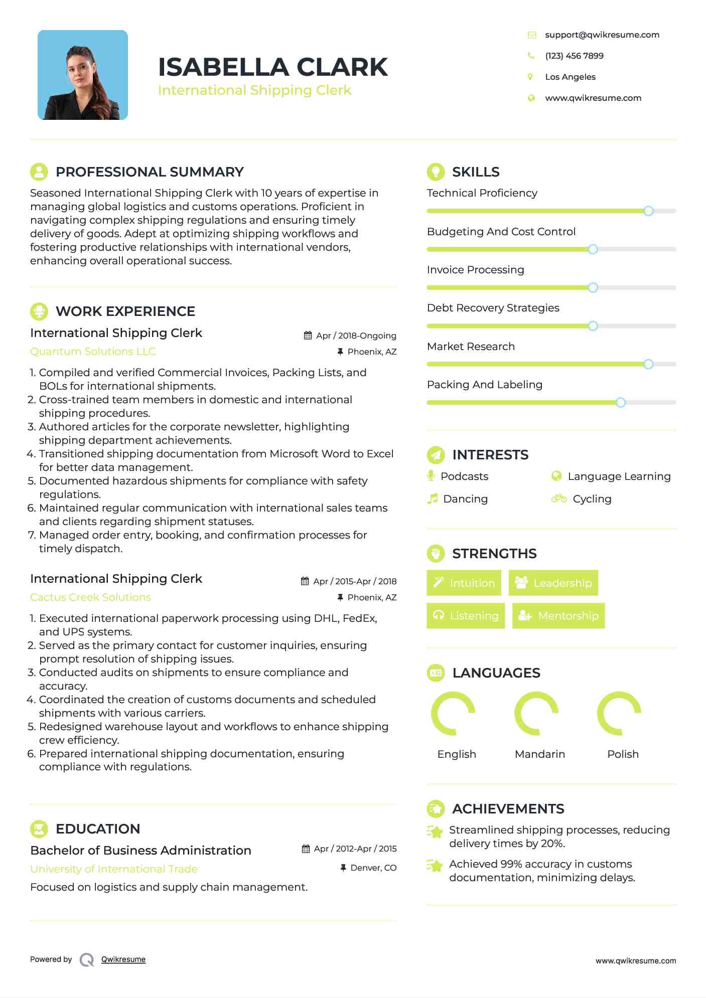 International Shipping Clerk Resume Format