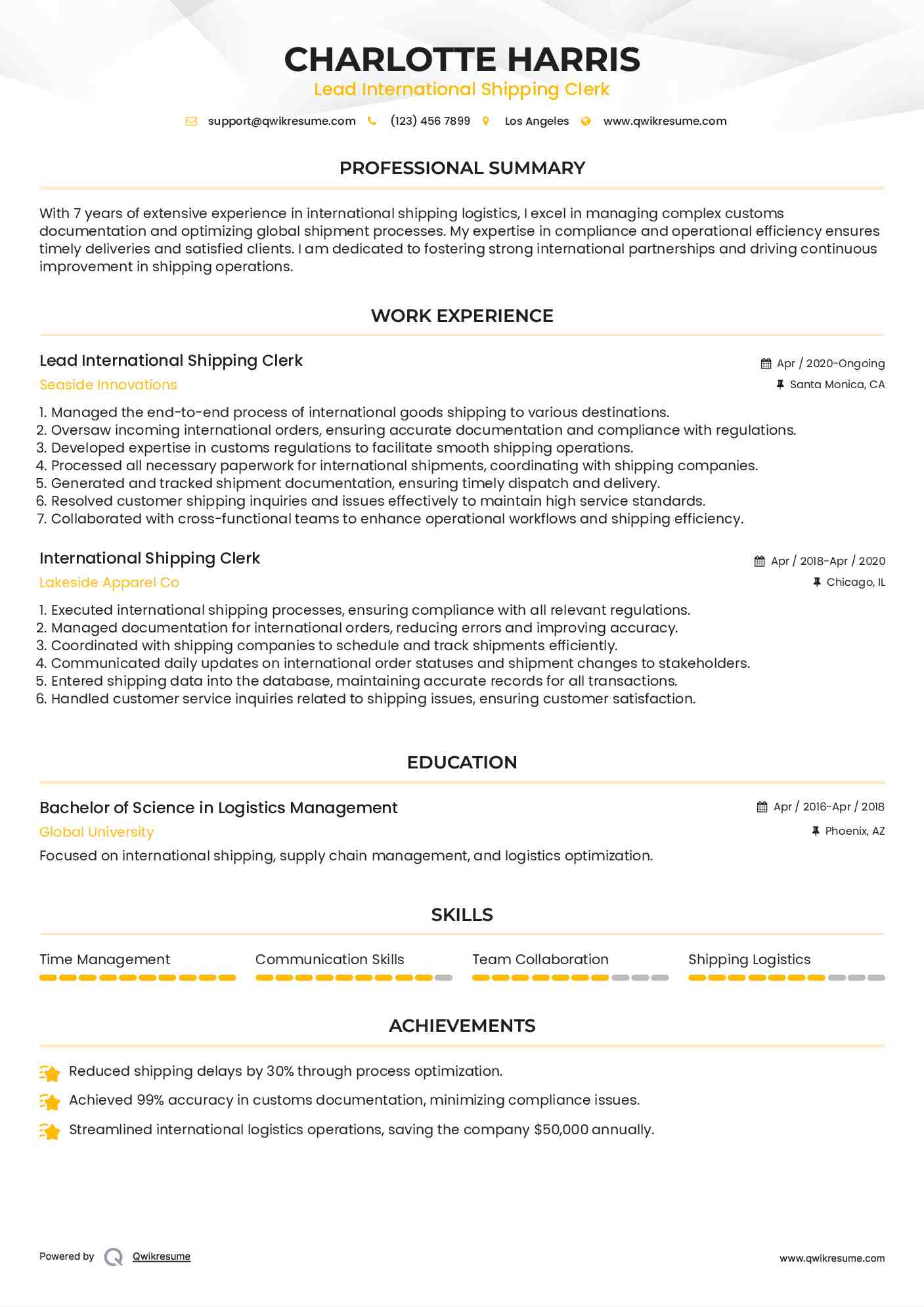 Lead International Shipping Clerk Resume Model