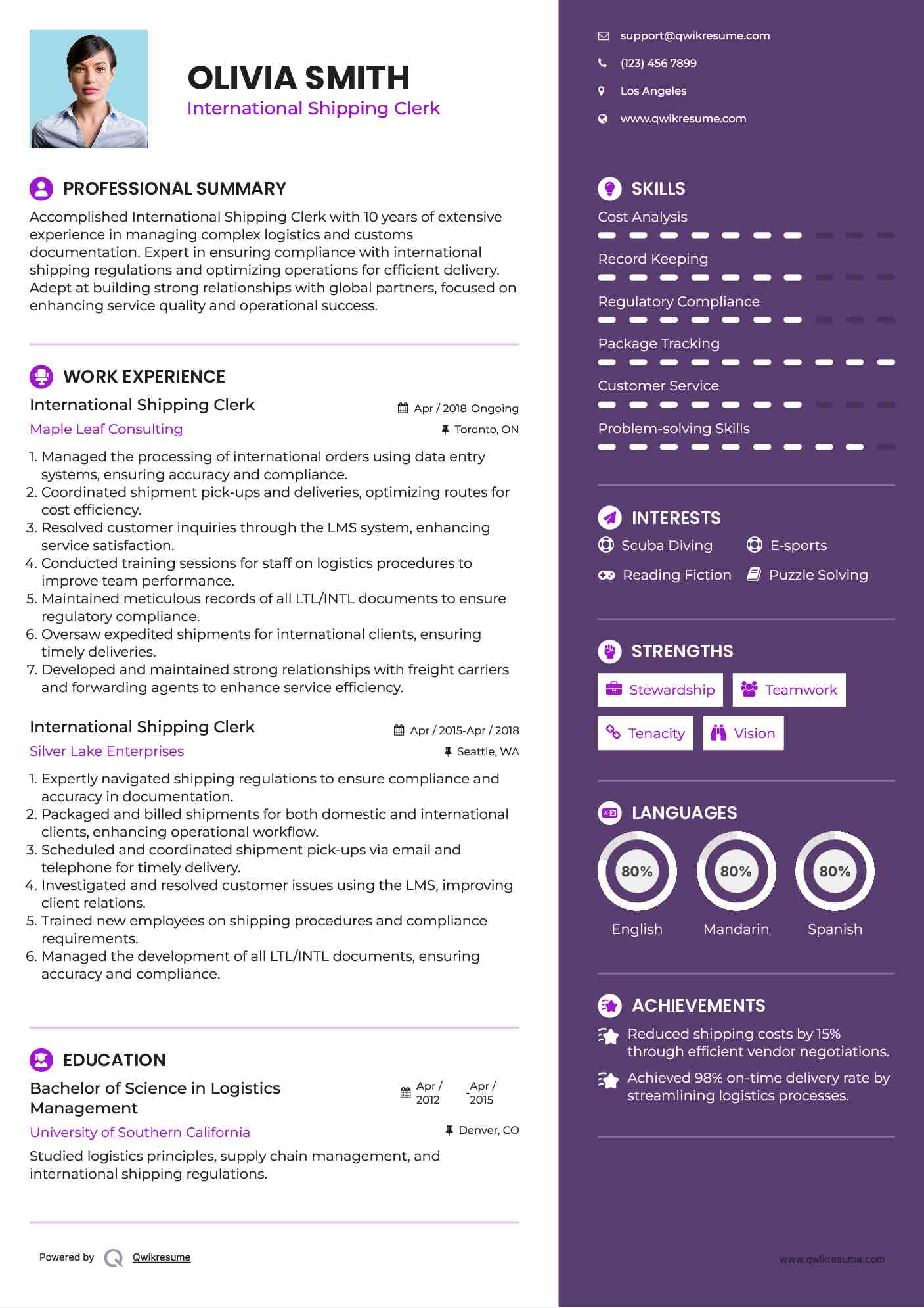 International Shipping Clerk Resume Model