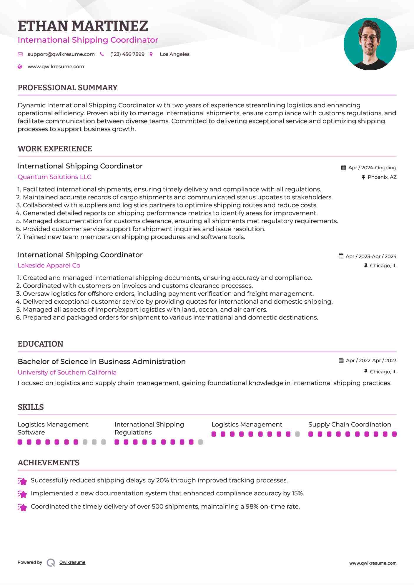 International Shipping Coordinator Resume Format