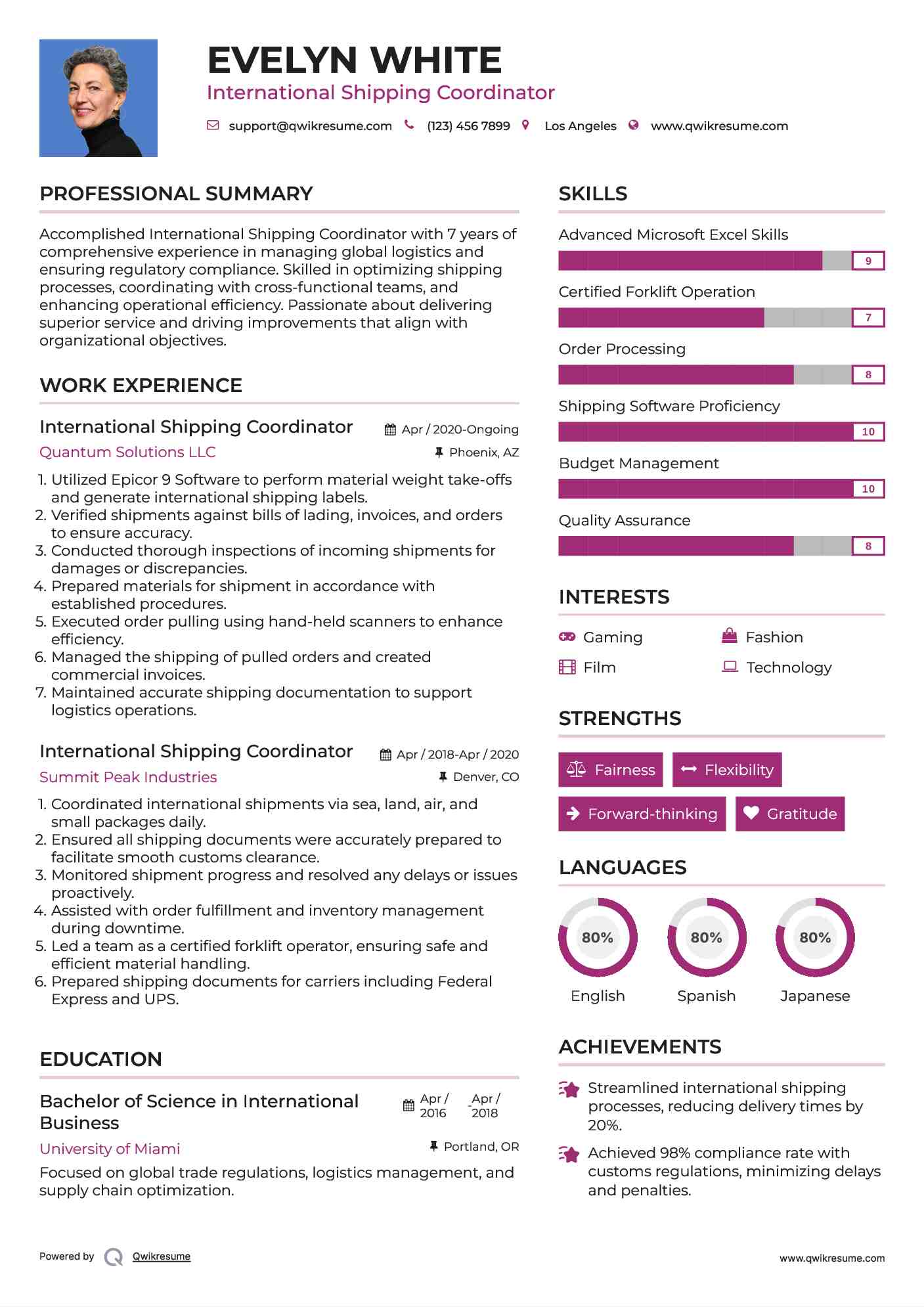 International Shipping Coordinator Resume Sample