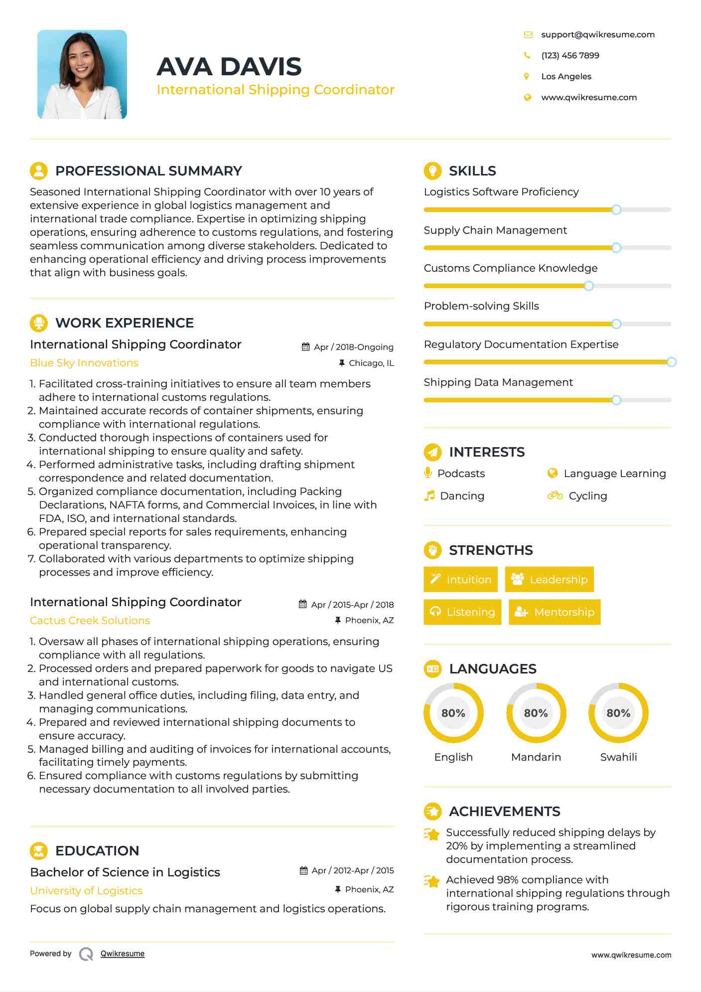 International Shipping Coordinator Resume Format