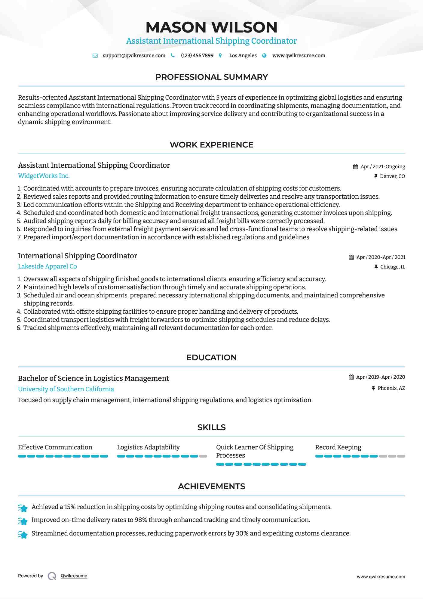Assistant International Shipping Coordinator Resume Example
