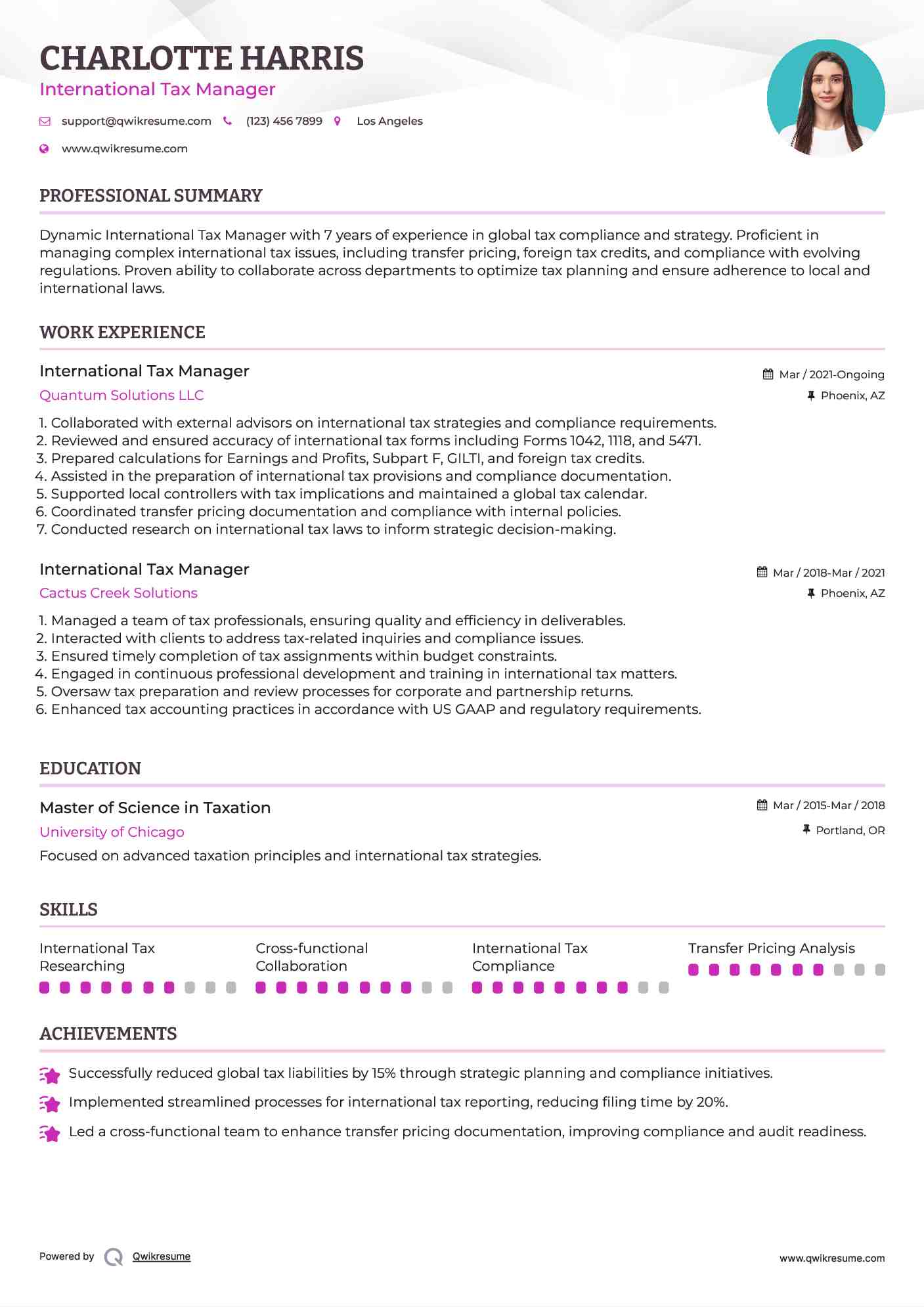 International Tax Manager Resume Format
