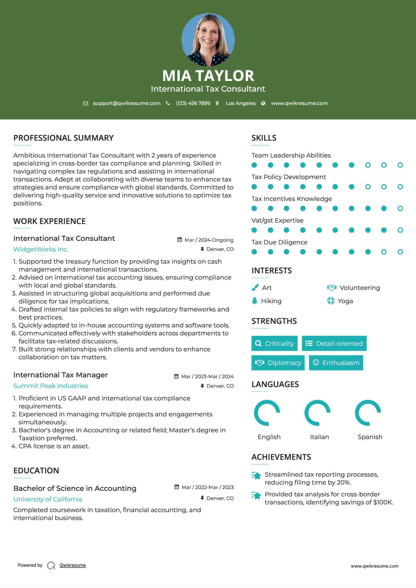 International Tax Consultant Resume Format