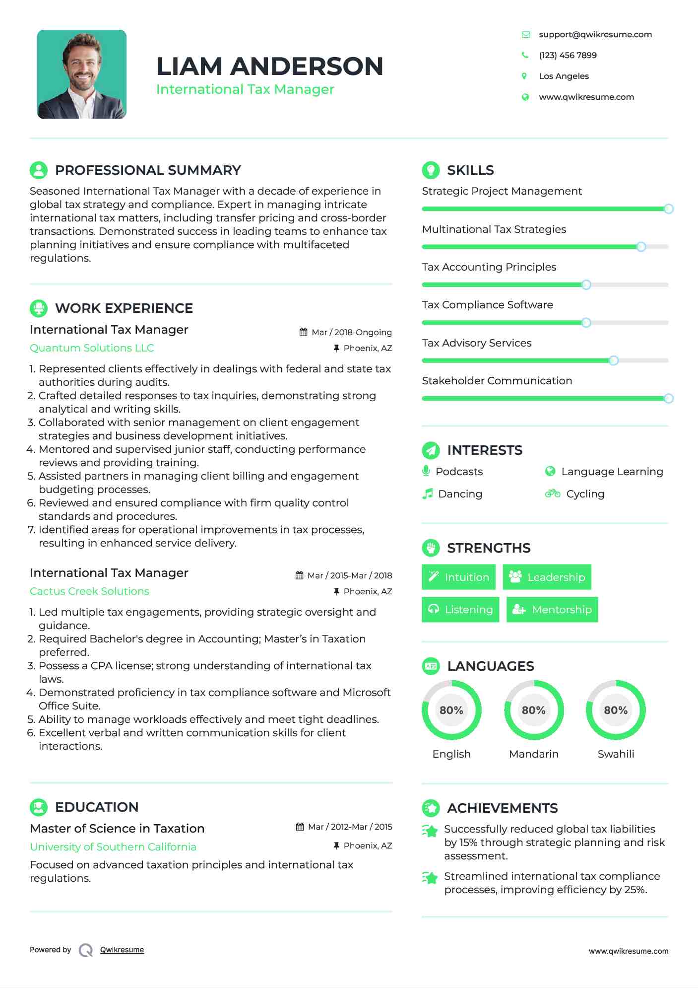 International Tax Manager Resume Format