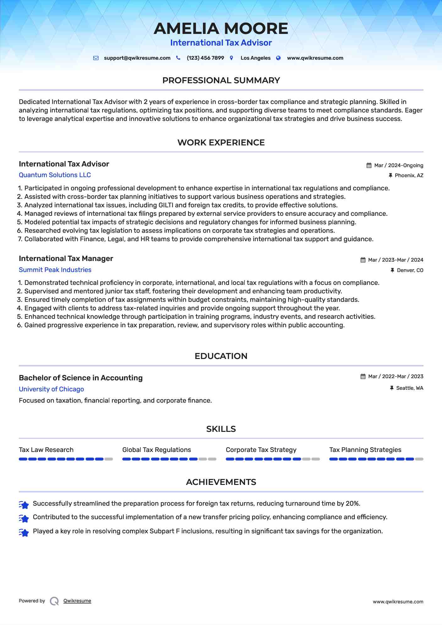 International Tax Advisor Resume Format