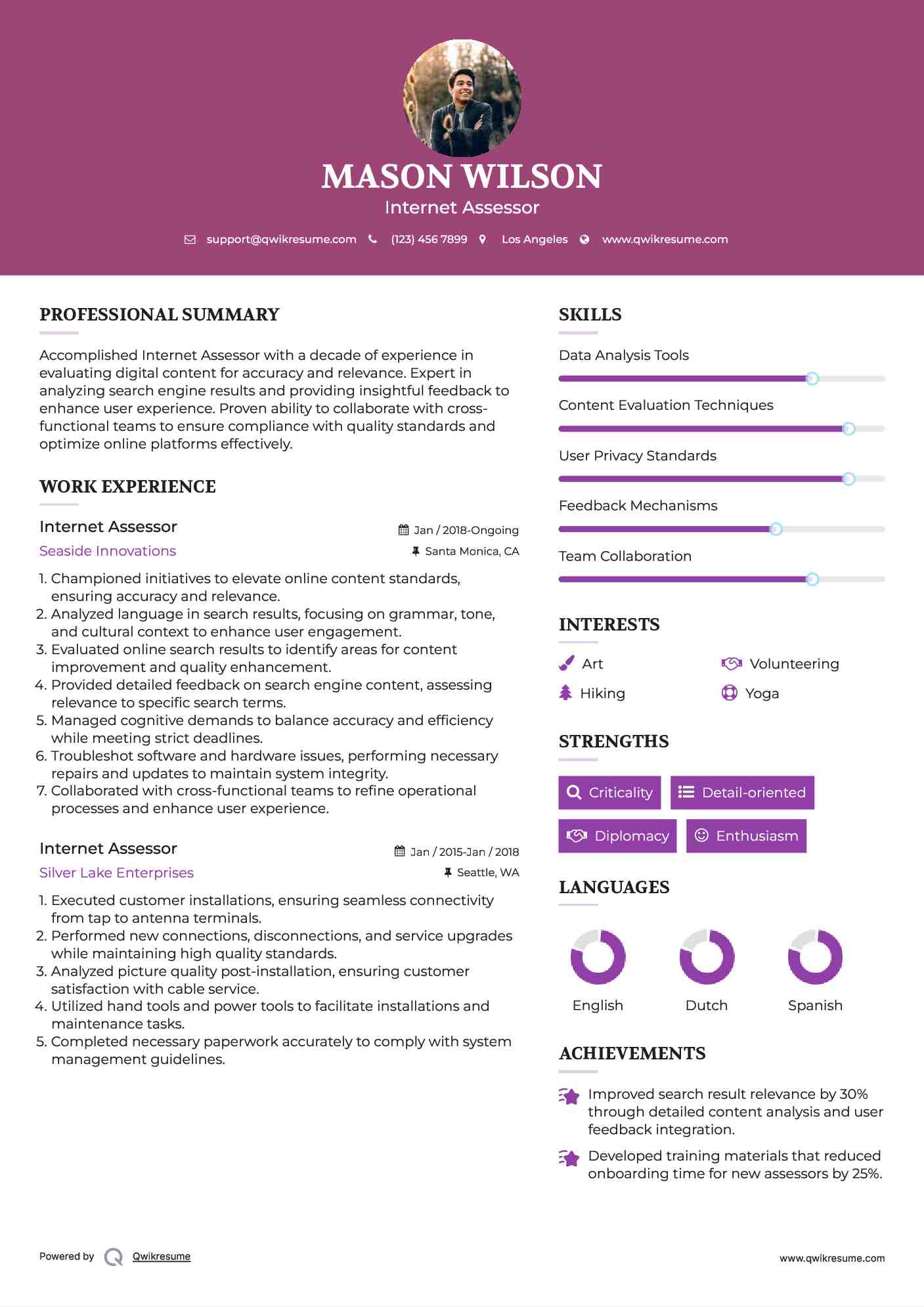 Internet Assessor Resume Sample