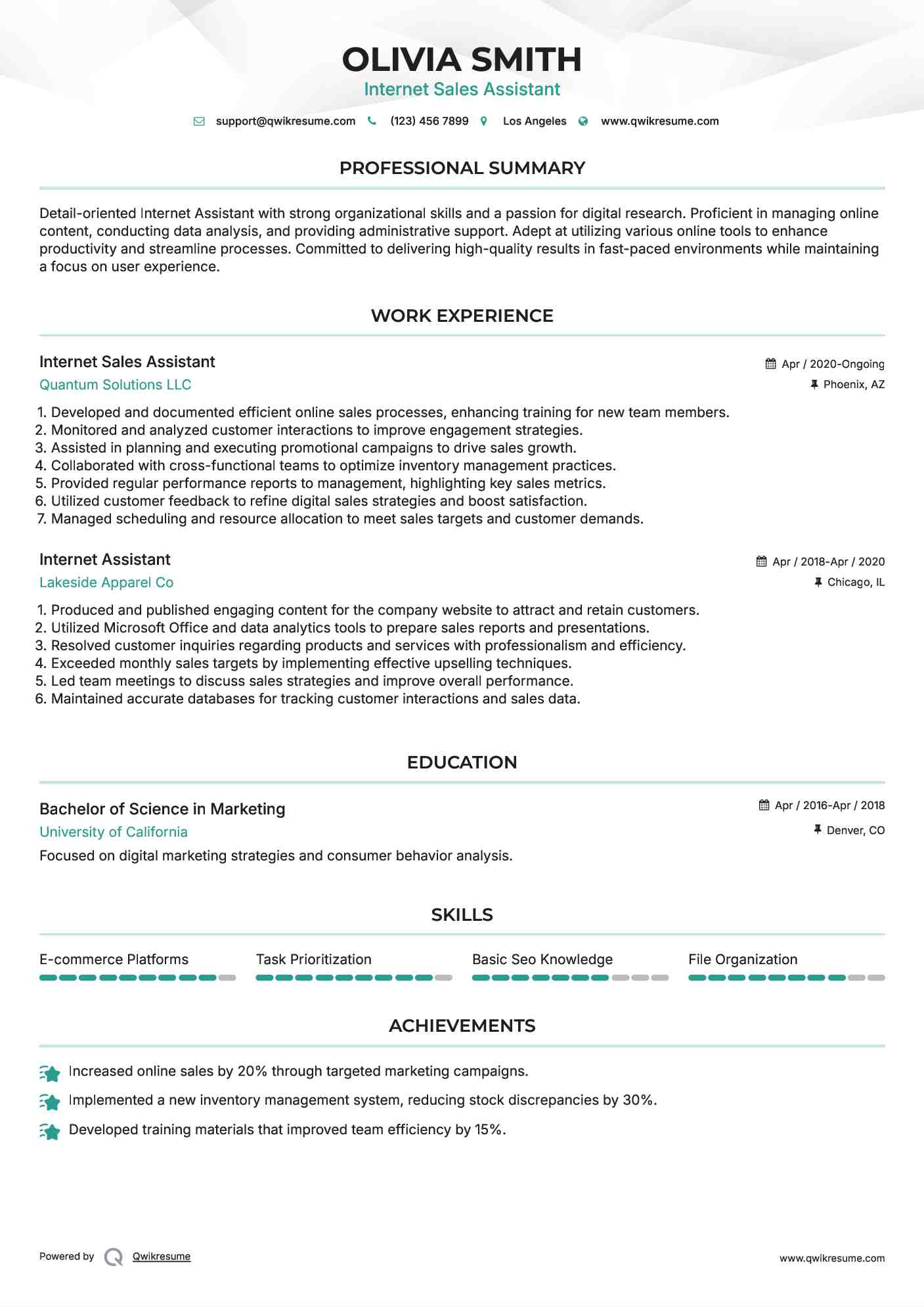 Internet Sales Assistant Resume Model