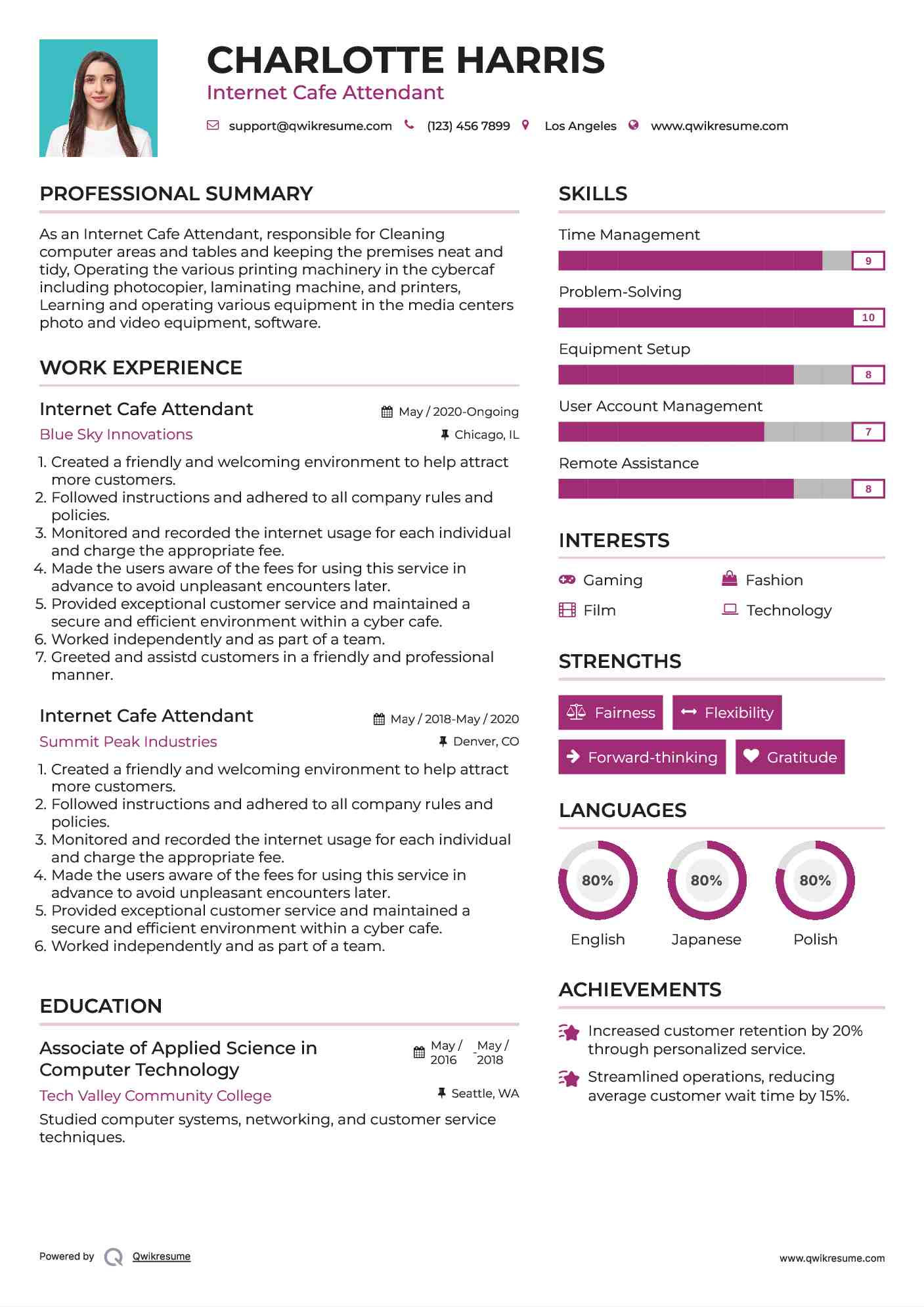 Internet Cafe Attendant Resume Example