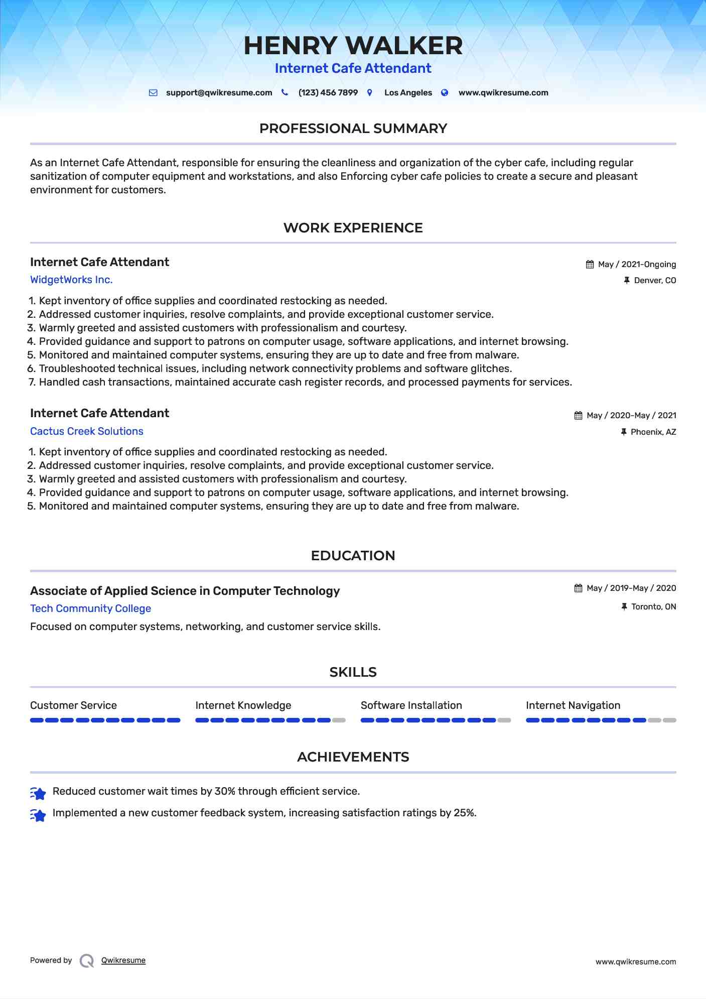 Internet Cafe Attendant Resume Example