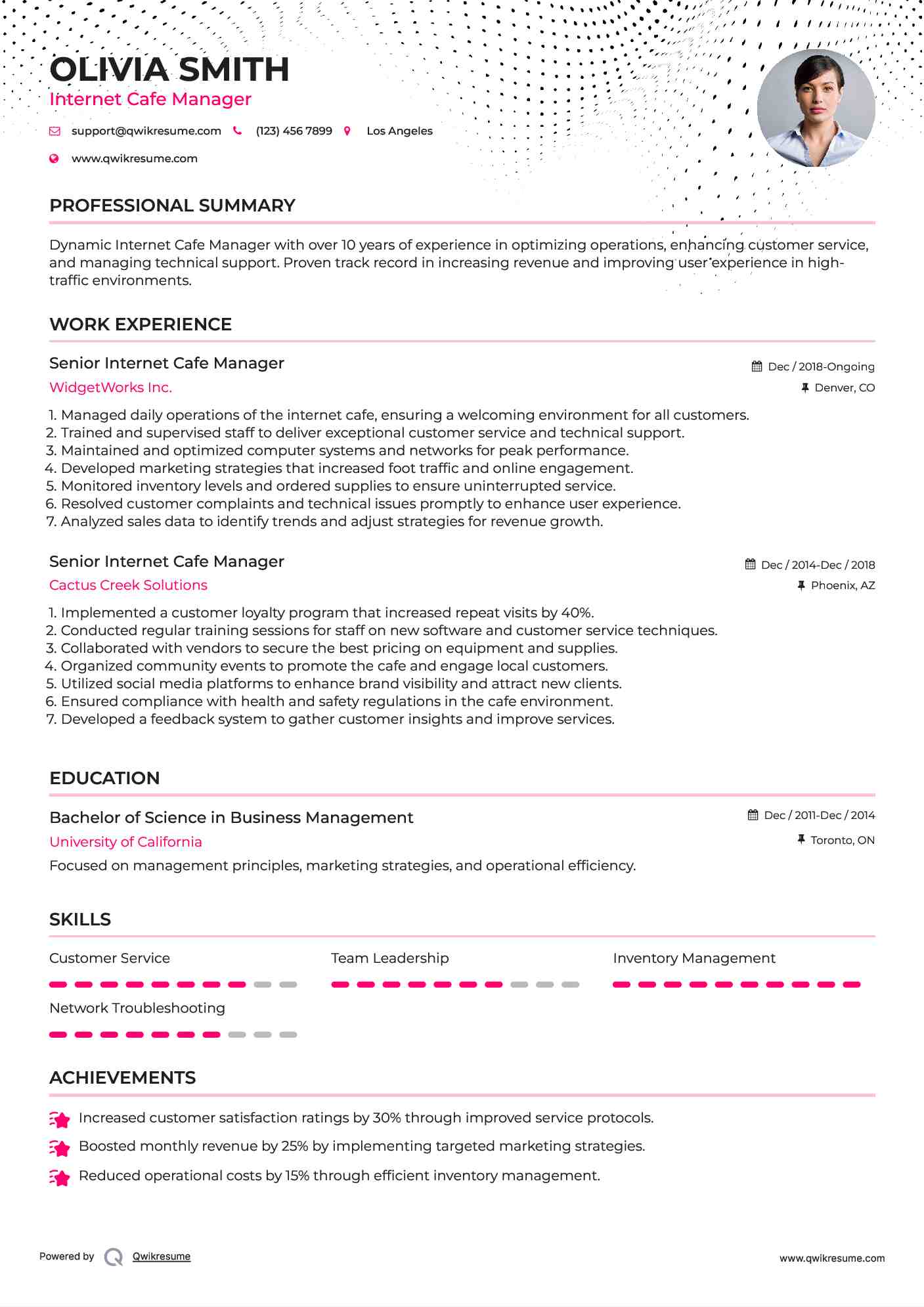 Senior Internet Cafe Manager Resume Sample