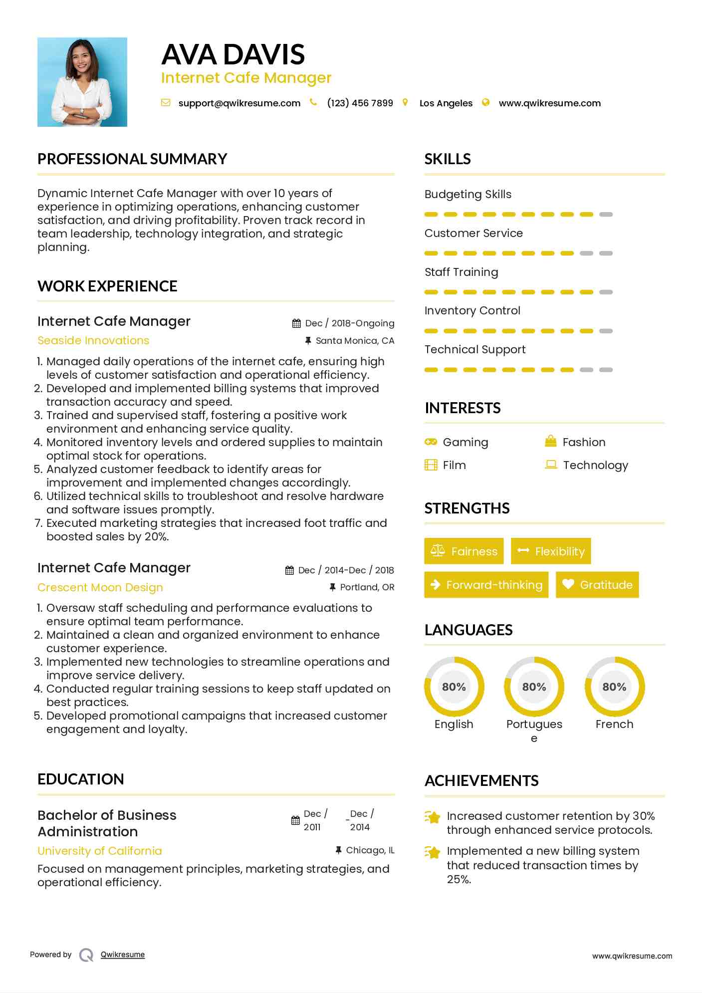 Internet Cafe Manager Resume Example