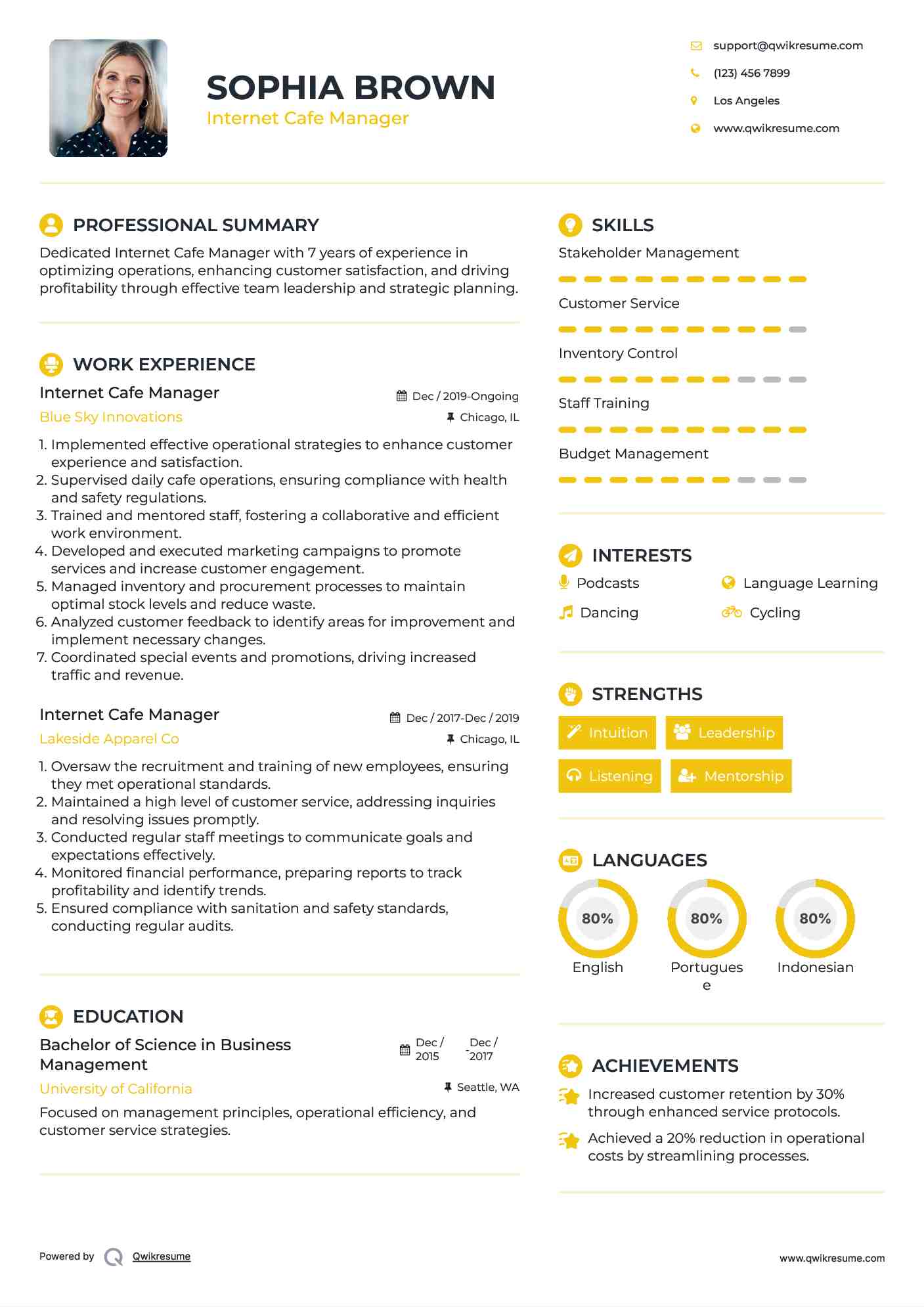 Internet Cafe Manager Resume Sample