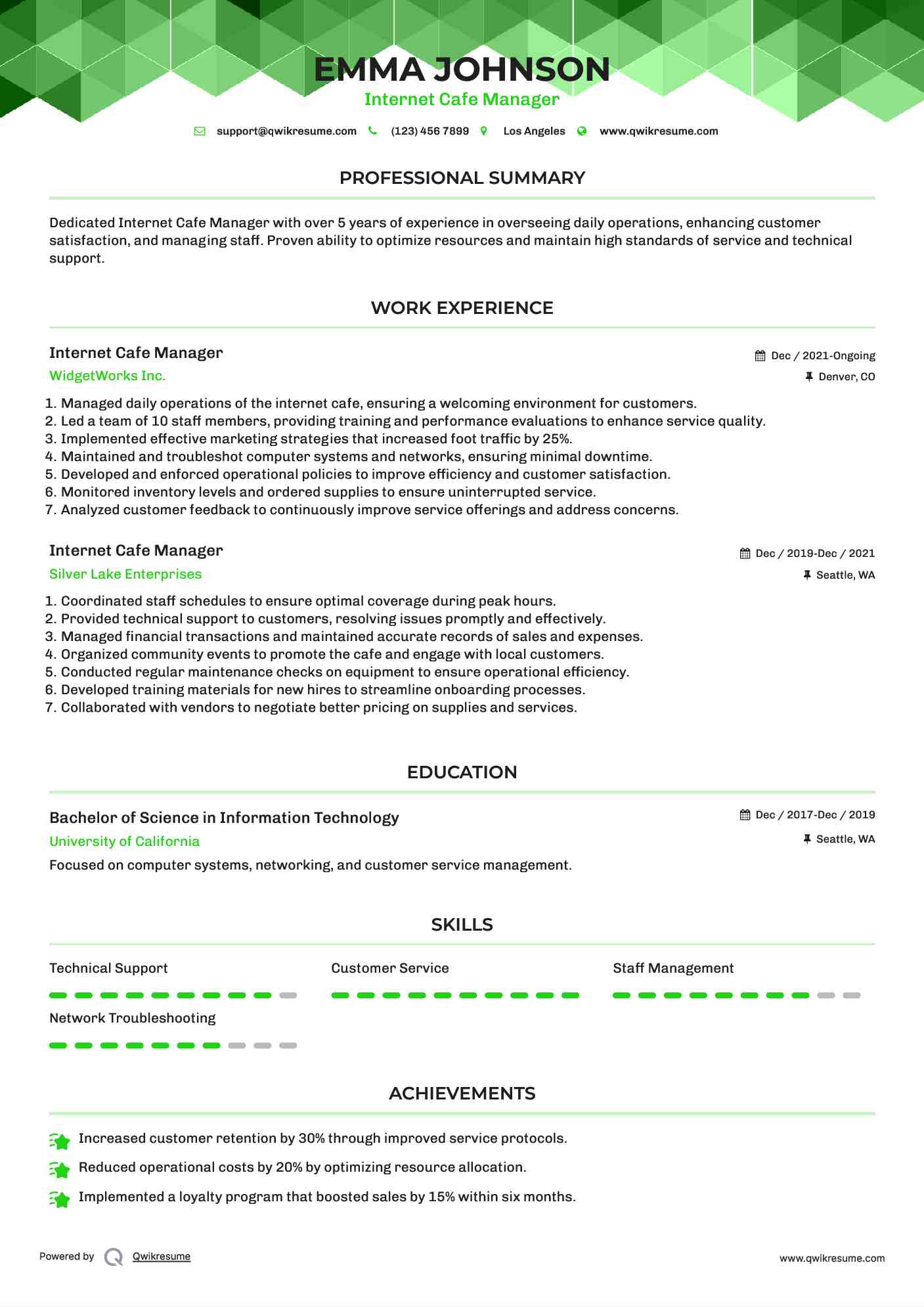Internet Cafe Manager Resume Example
