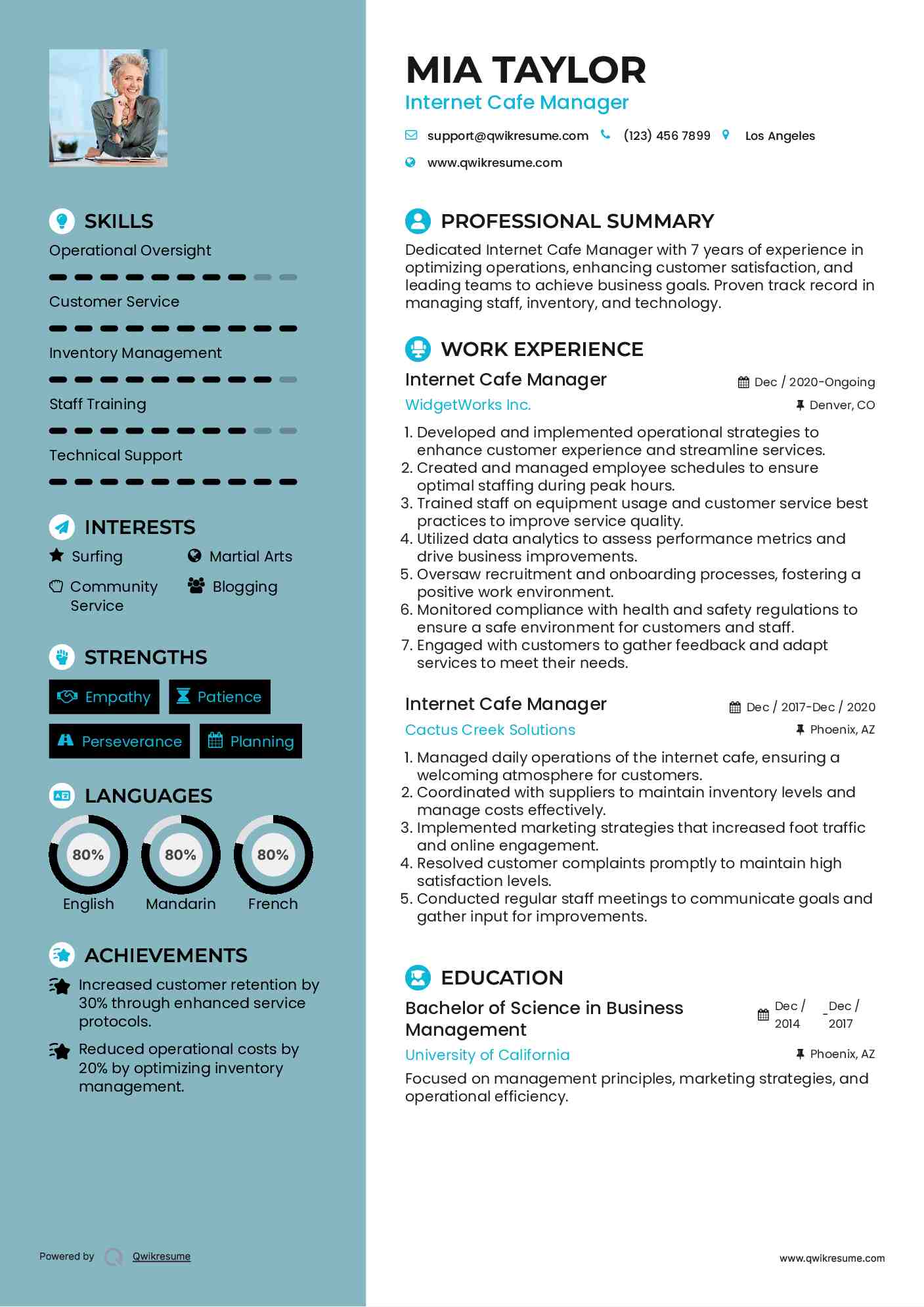 Internet Cafe Manager Resume Example